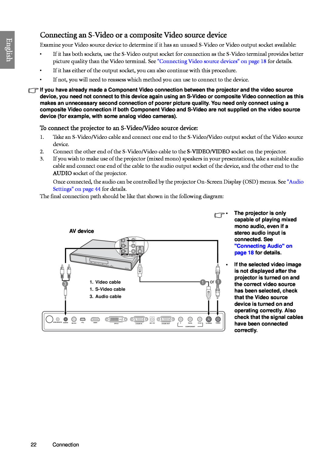BenQ SP920 user manual Connecting an S-Video or a composite Video source device, English 