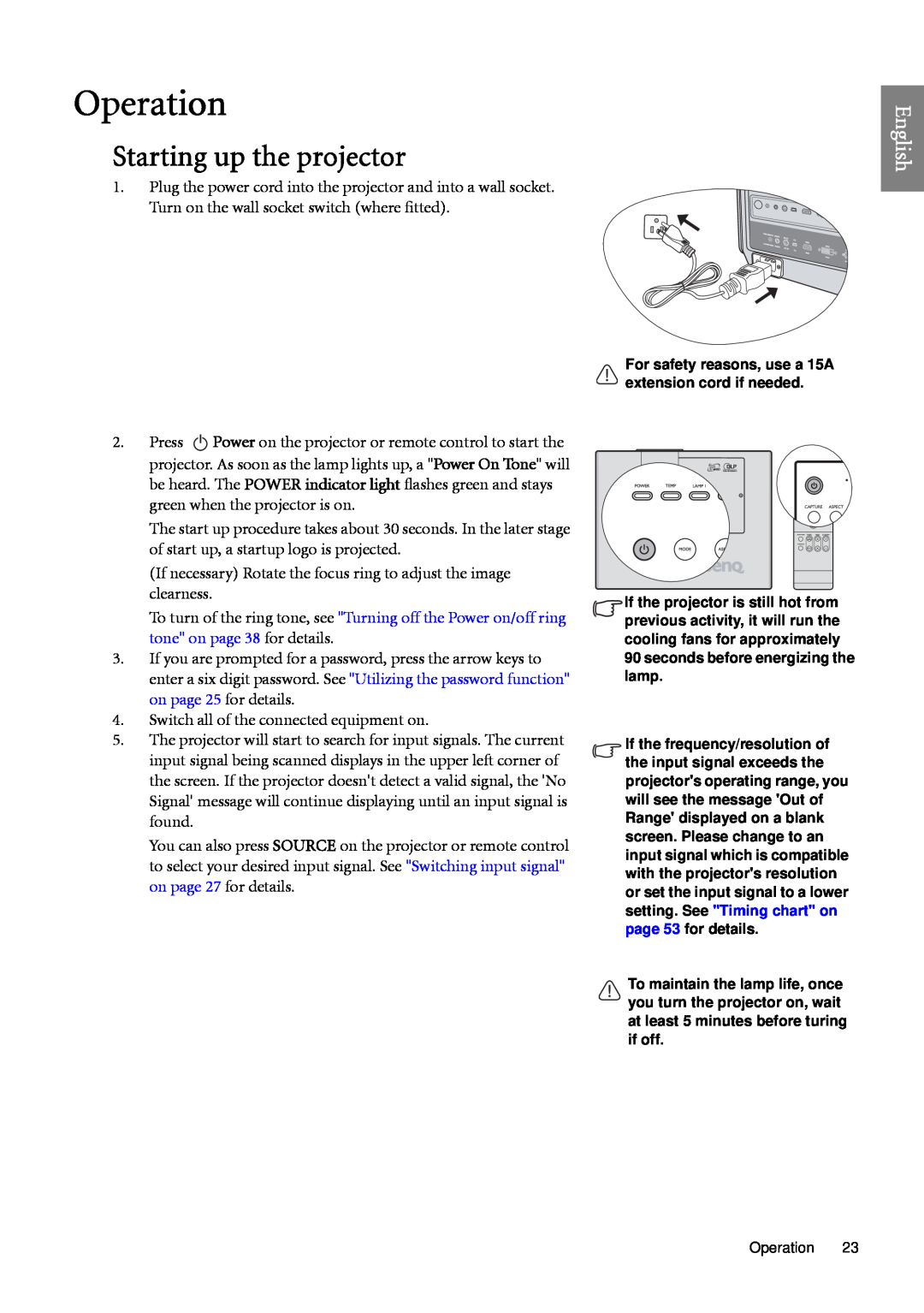 BenQ SP920 user manual Operation, Starting up the projector, English 
