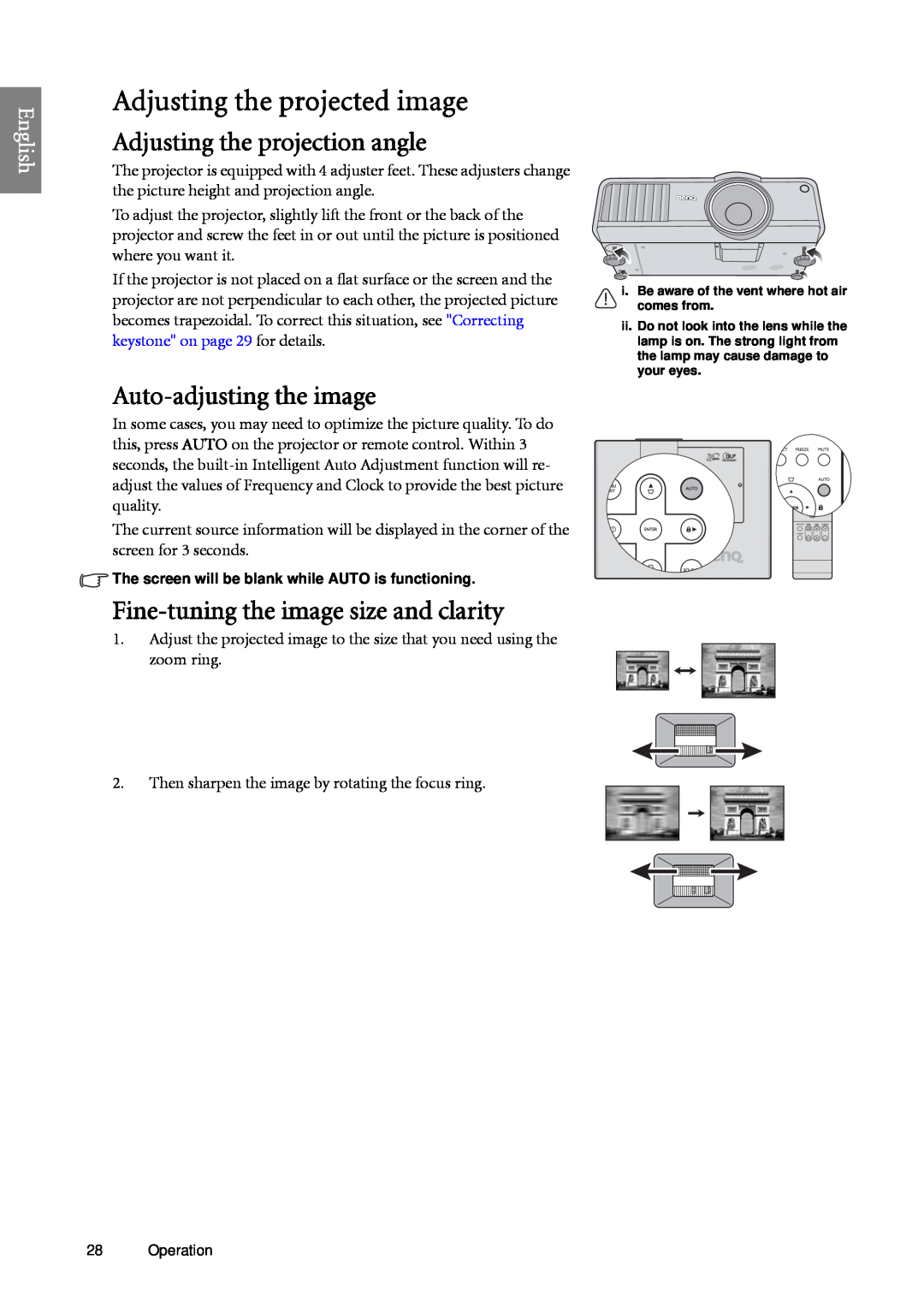 BenQ SP920 user manual Adjusting the projected image, Adjusting the projection angle, Auto-adjusting the image, English 