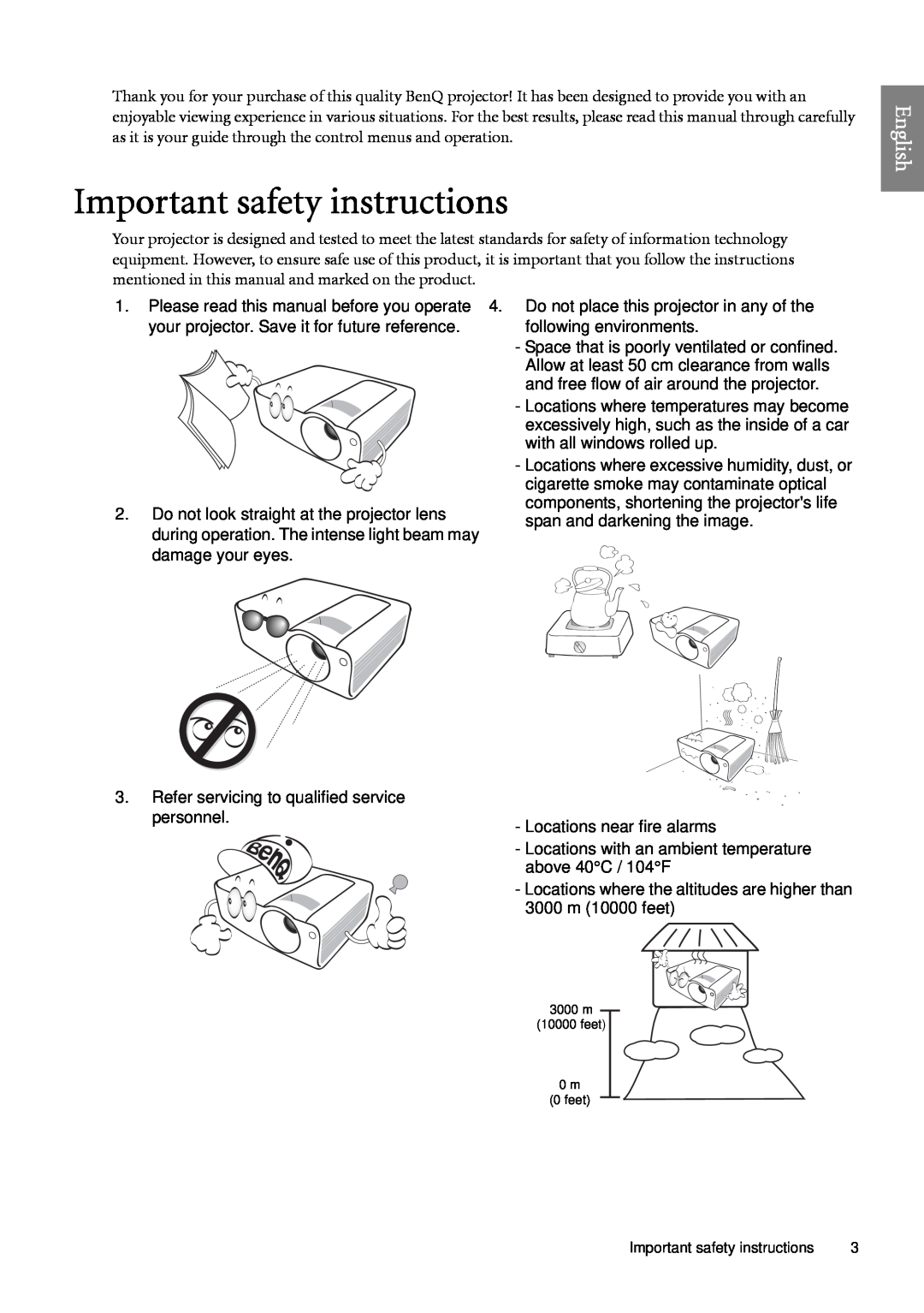 BenQ SP920 user manual Important safety instructions, English 