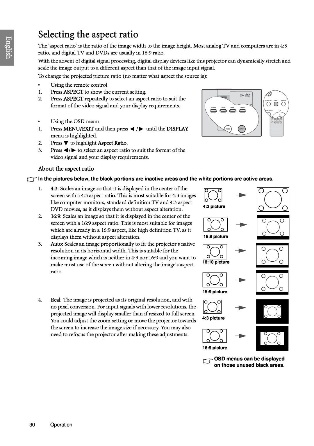 BenQ SP920 user manual Selecting the aspect ratio, English, About the aspect ratio 