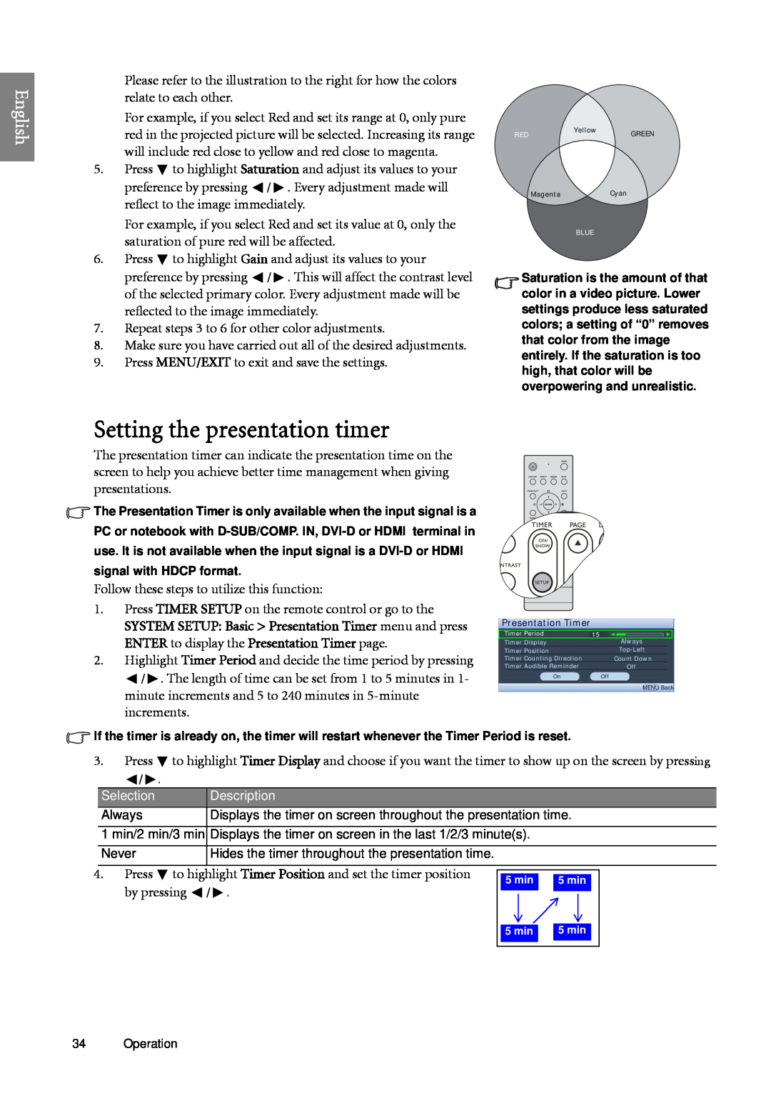 BenQ SP920 user manual Setting the presentation timer, English, Press 