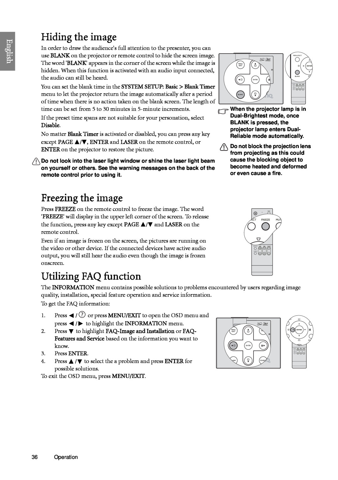 BenQ SP920 user manual Hiding the image, Freezing the image, Utilizing FAQ function, English 