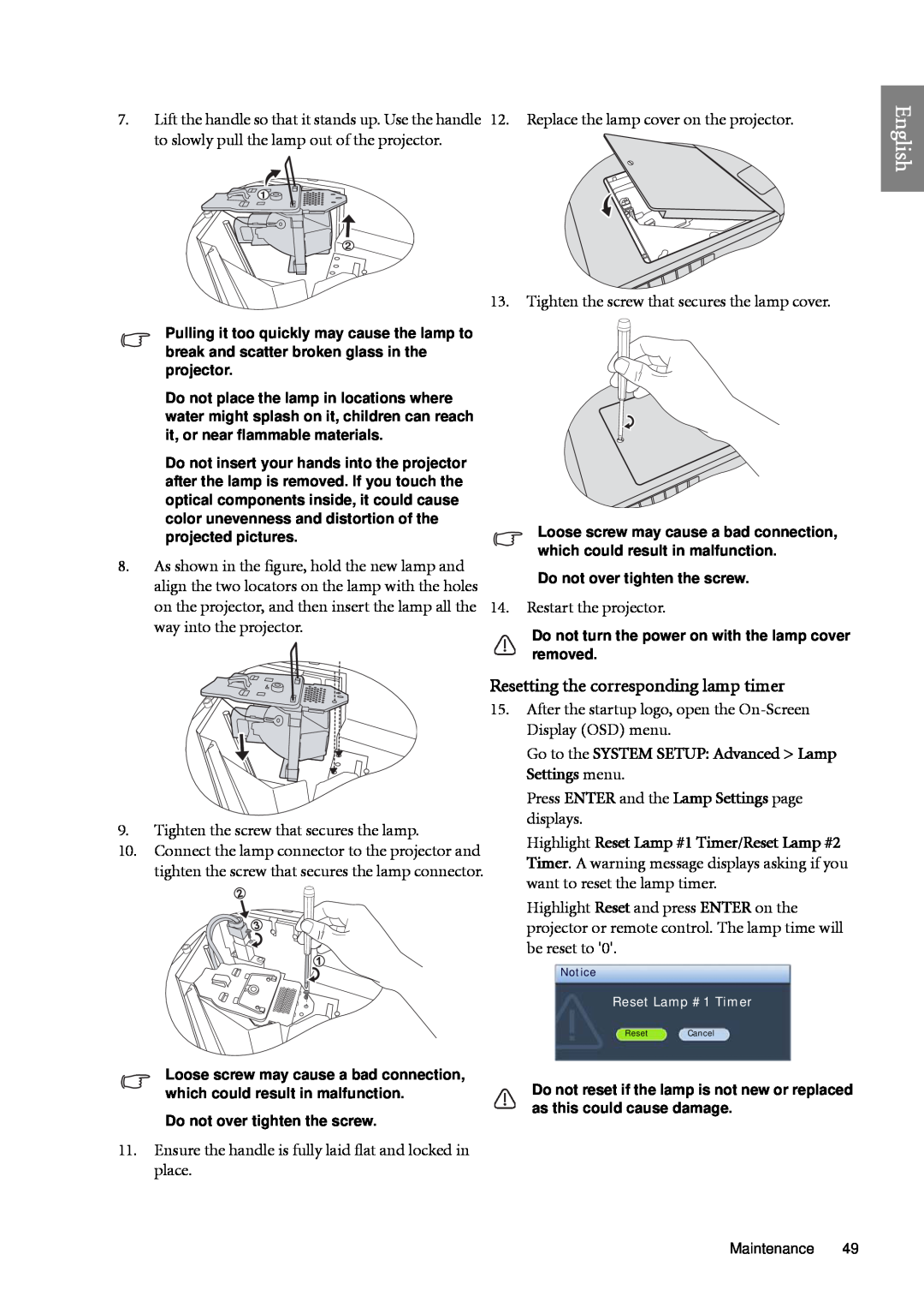 BenQ SP920 user manual English, Resetting the corresponding lamp timer, Restart the projector, way into the projector 