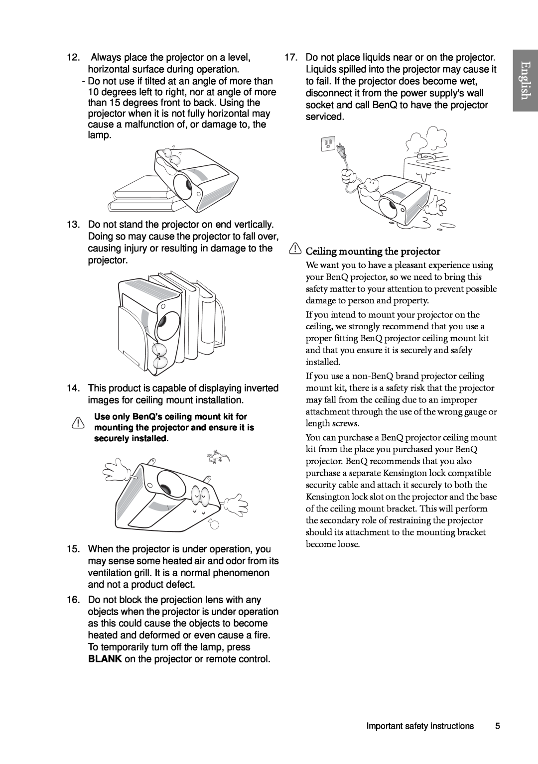 BenQ SP920 user manual English, Ceiling mounting the projector 