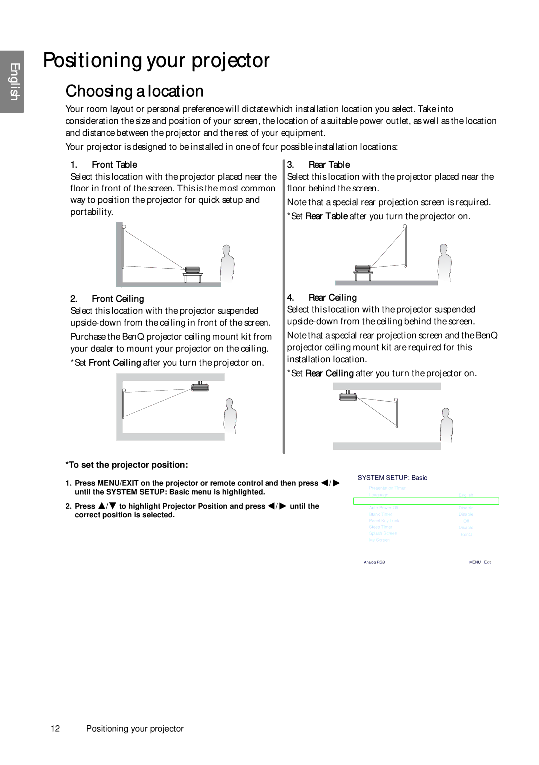 BenQ SP920P user manual Positioning your projector, Choosing a location 