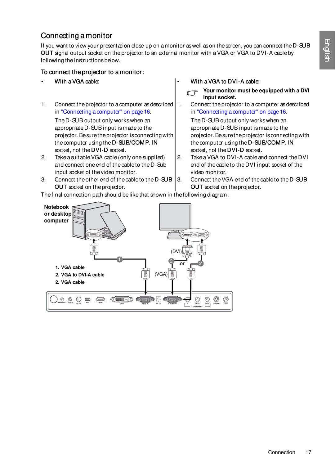 BenQ SP920P Connecting a monitor, To connect the projector to a monitor, With a VGA cable With a VGA to DVI-A cable 