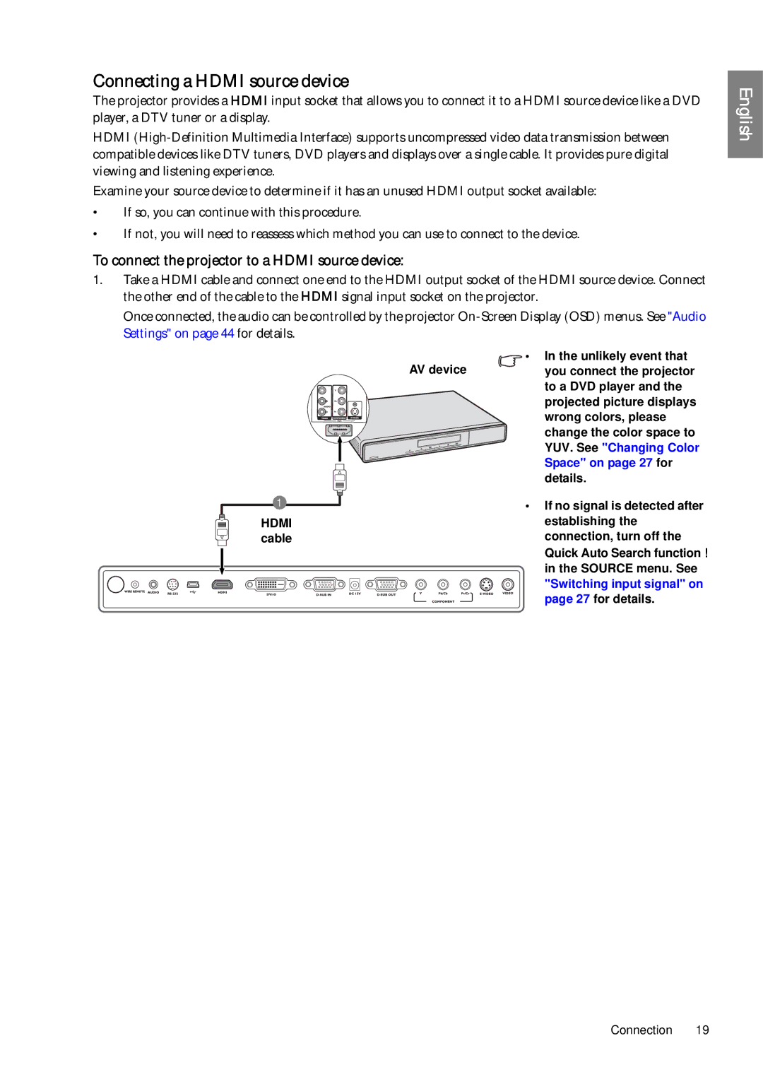 BenQ SP920P user manual Connecting a Hdmi source device, To connect the projector to a Hdmi source device 