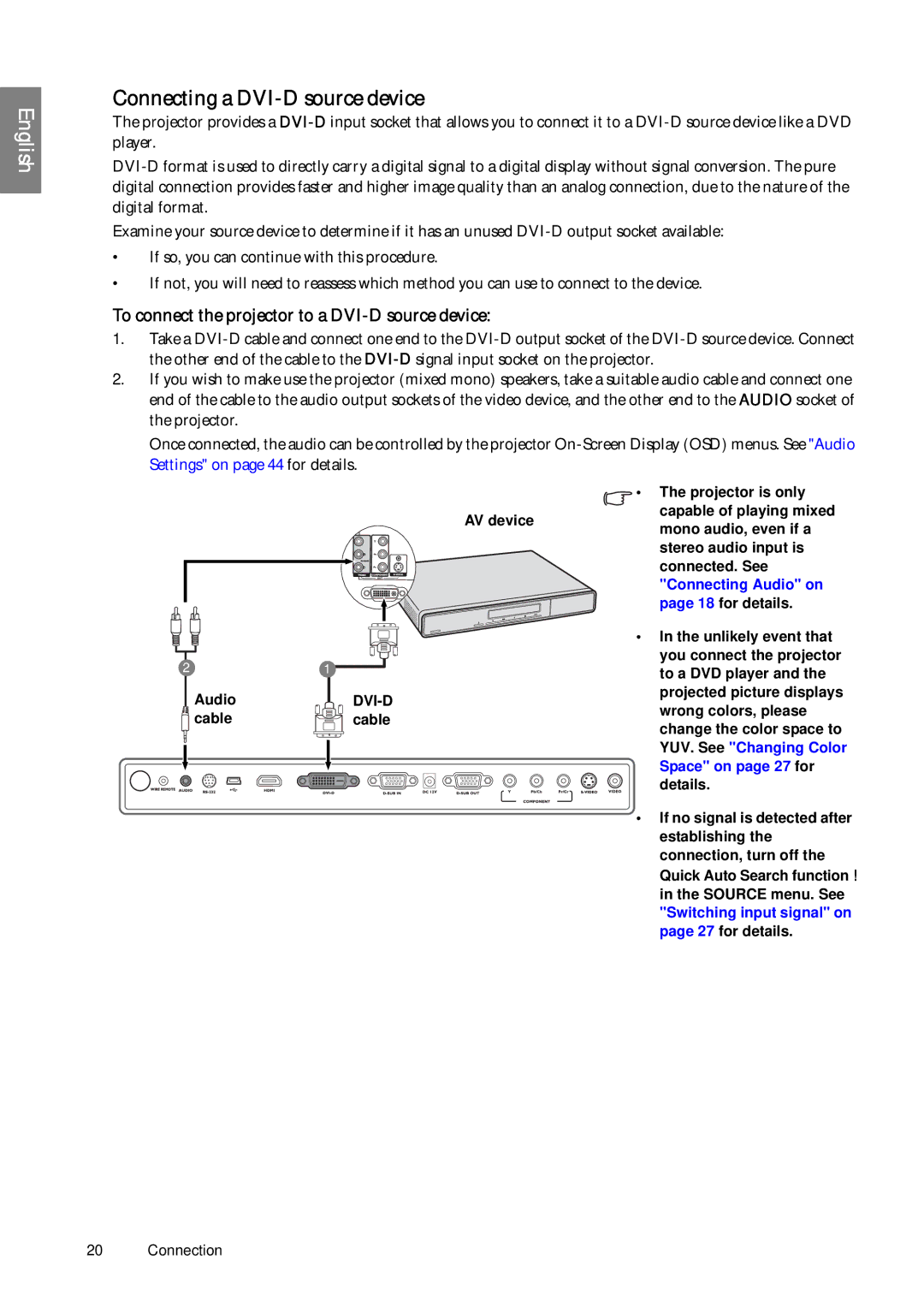 BenQ SP920P user manual Connecting a DVI-D source device, To connect the projector to a DVI-D source device 