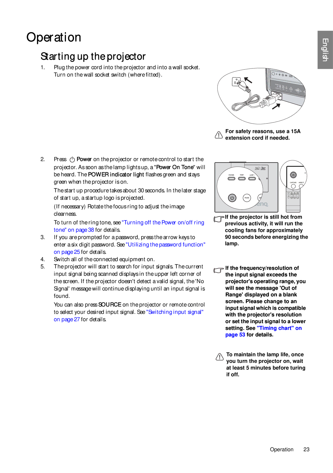 BenQ SP920P user manual Operation, Starting up the projector 