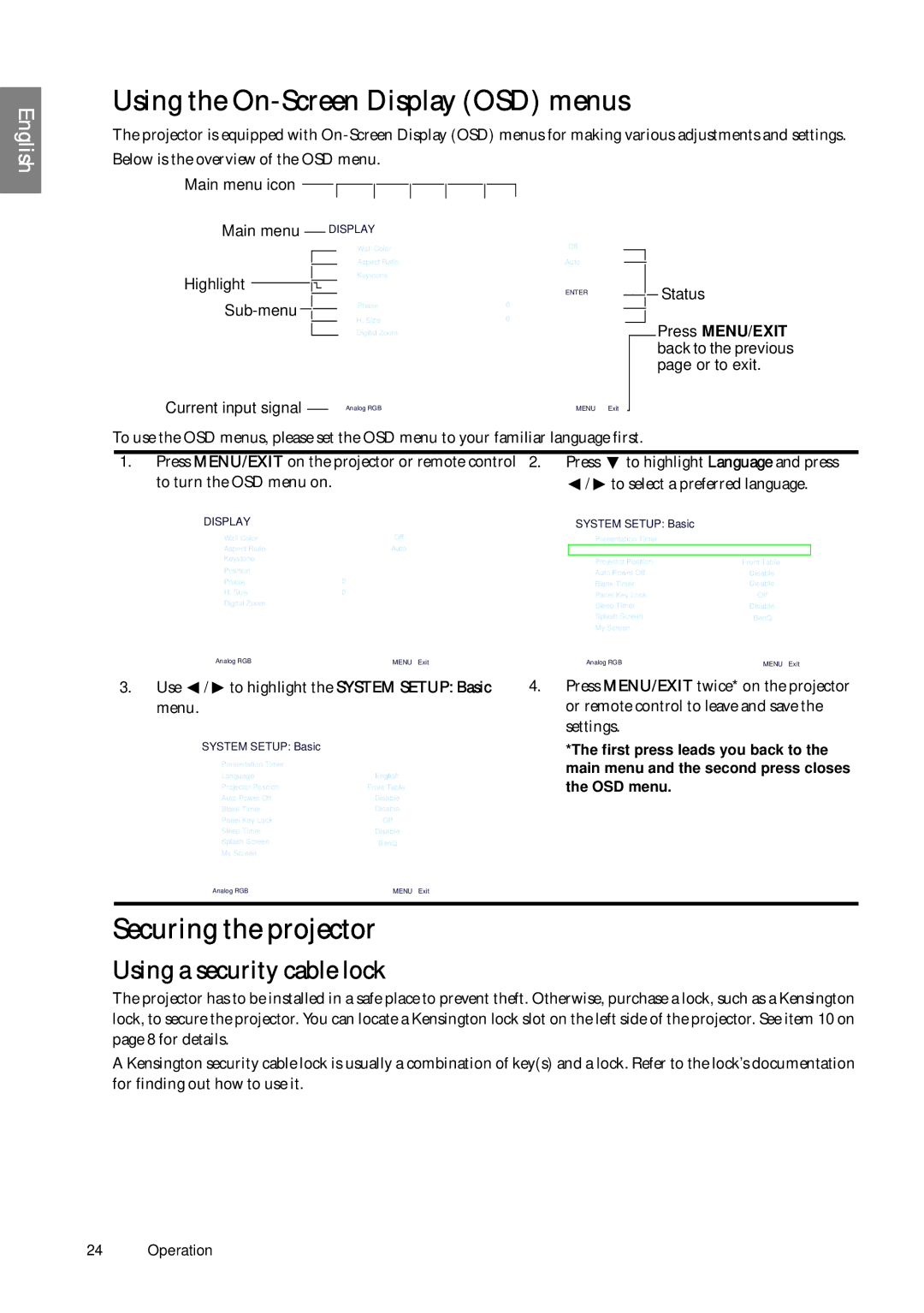 BenQ SP920P user manual Using the On-Screen Display OSD menus, Securing the projector, Using a security cable lock 