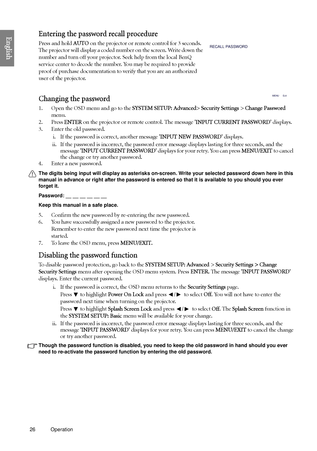 BenQ SP920P user manual Entering the password recall procedure, Changing the password, Disabling the password function 