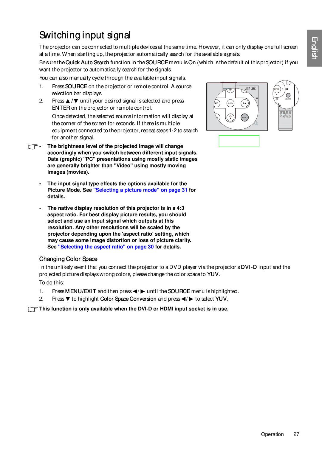 BenQ SP920P user manual Switching input signal, Changing Color Space 