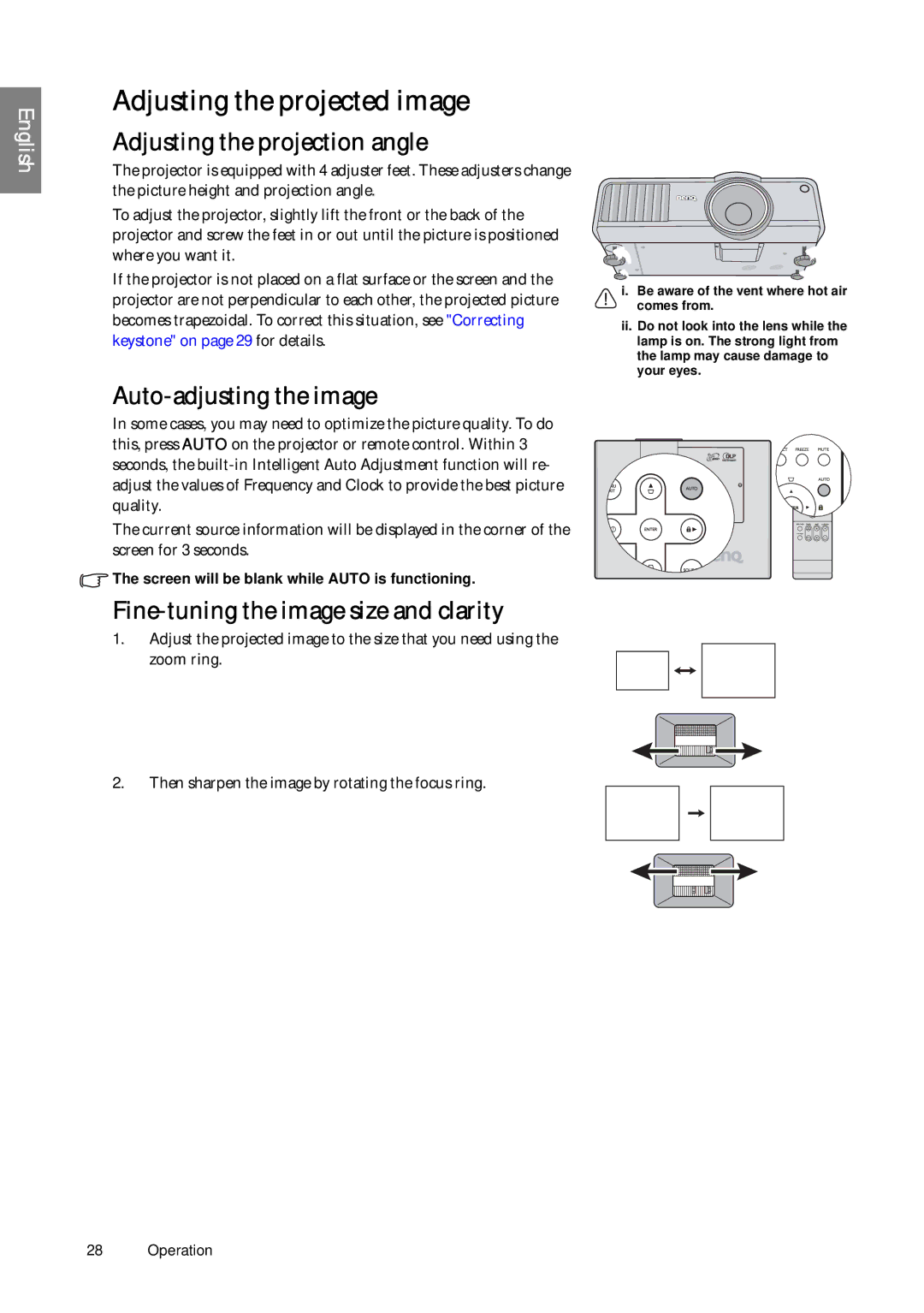 BenQ SP920P user manual Adjusting the projected image, Adjusting the projection angle, Auto-adjusting the image 