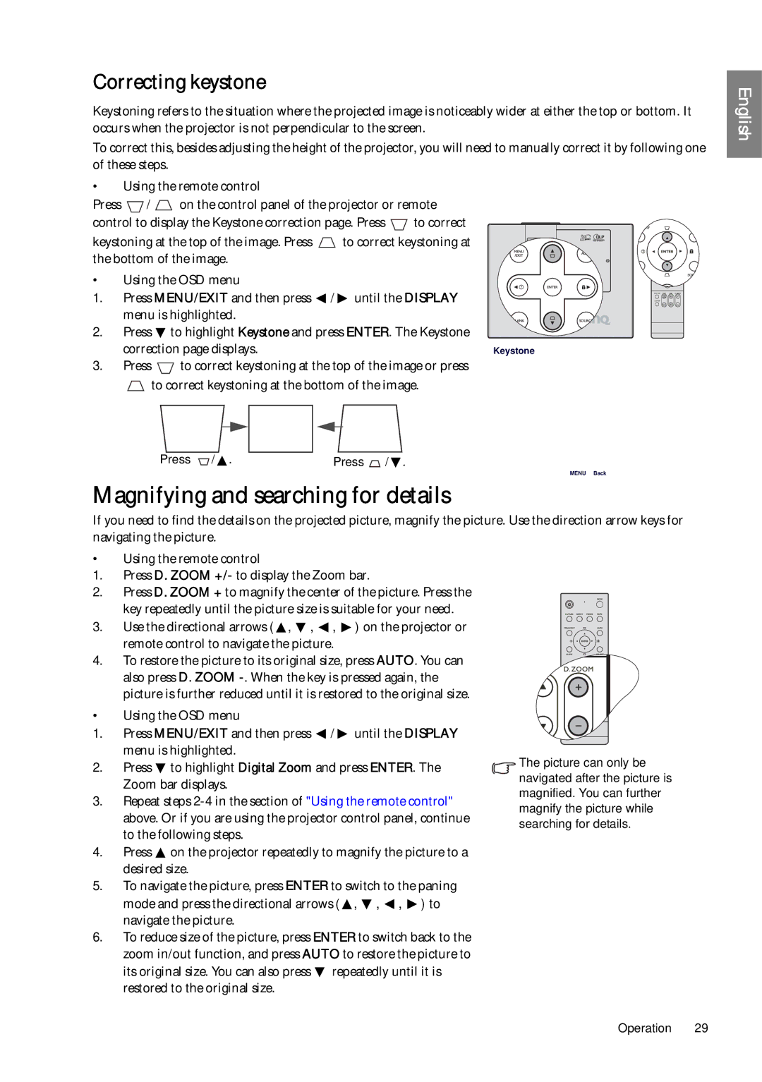 BenQ SP920P user manual Magnifying and searching for details, Correcting keystone 