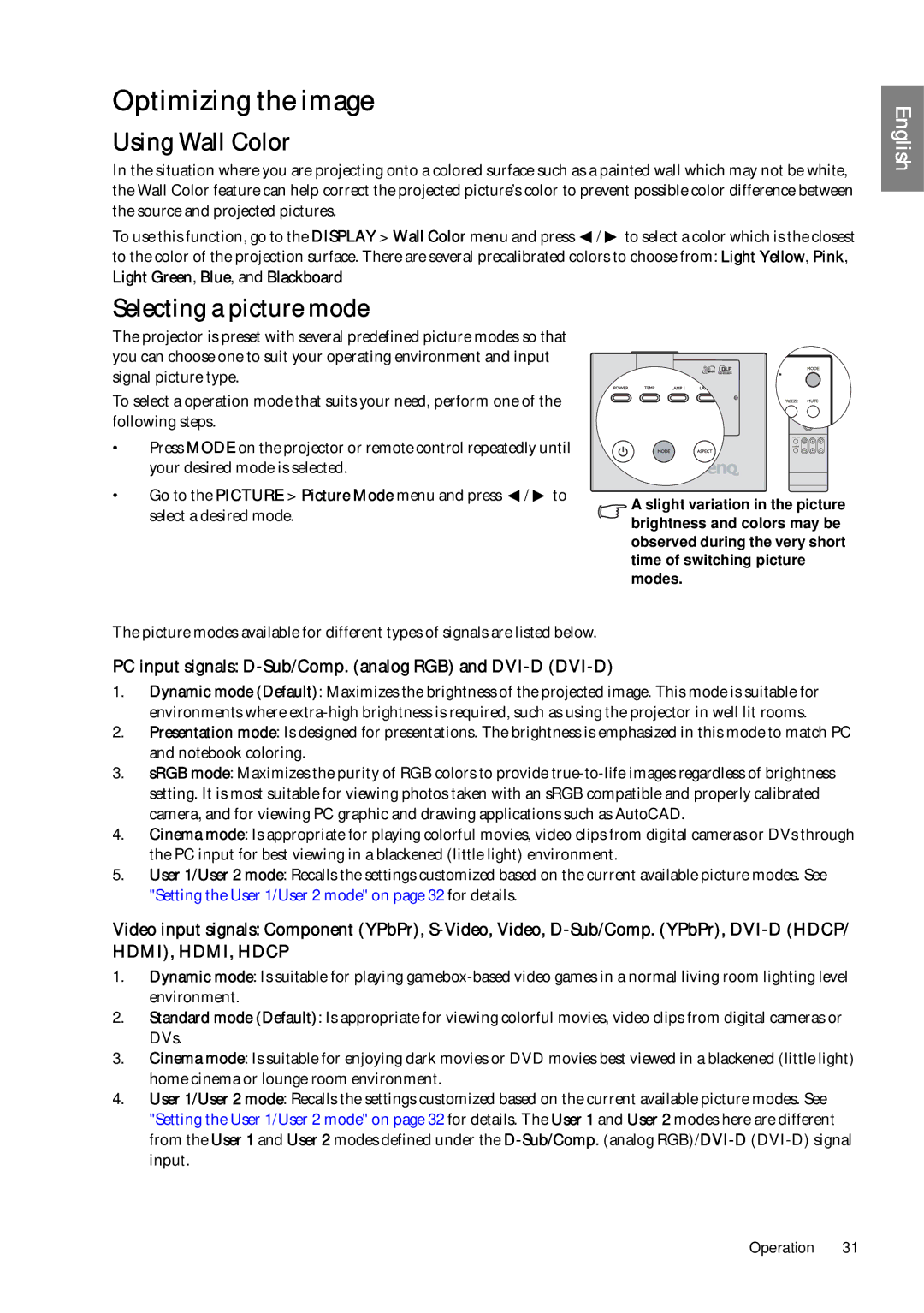 BenQ SP920P user manual Optimizing the image, Using Wall Color, Selecting a picture mode 