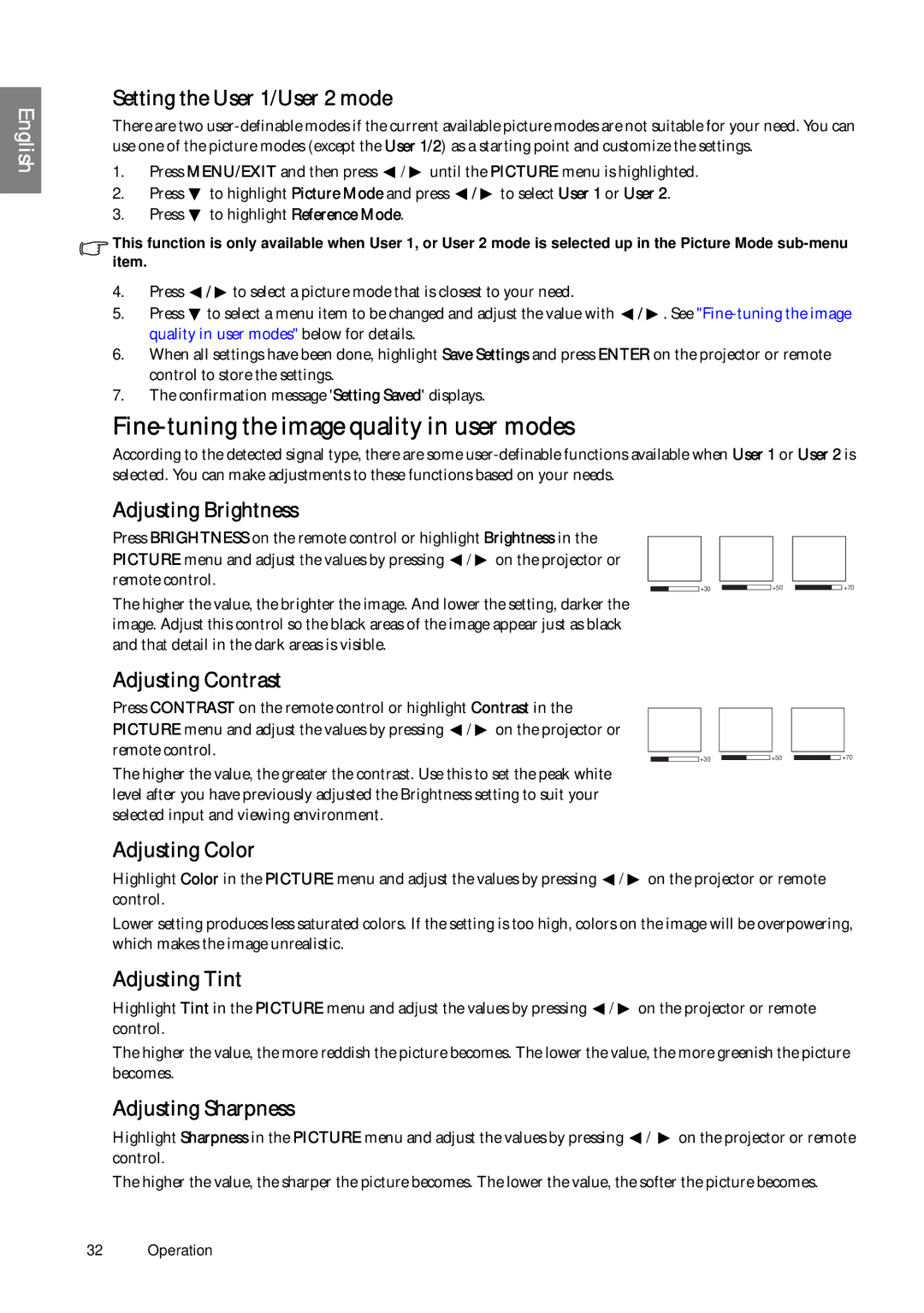 BenQ SP920P user manual Fine-tuning the image quality in user modes 