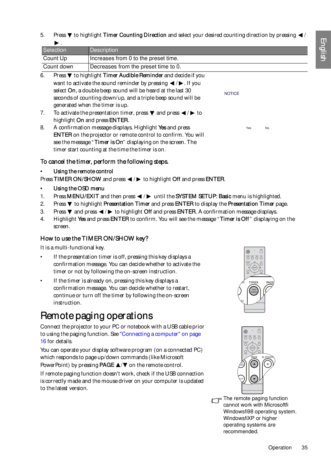 BenQ SP920P Remote paging operations, To cancel the timer, perform the following steps, How to use the Timer ON/SHOW key? 