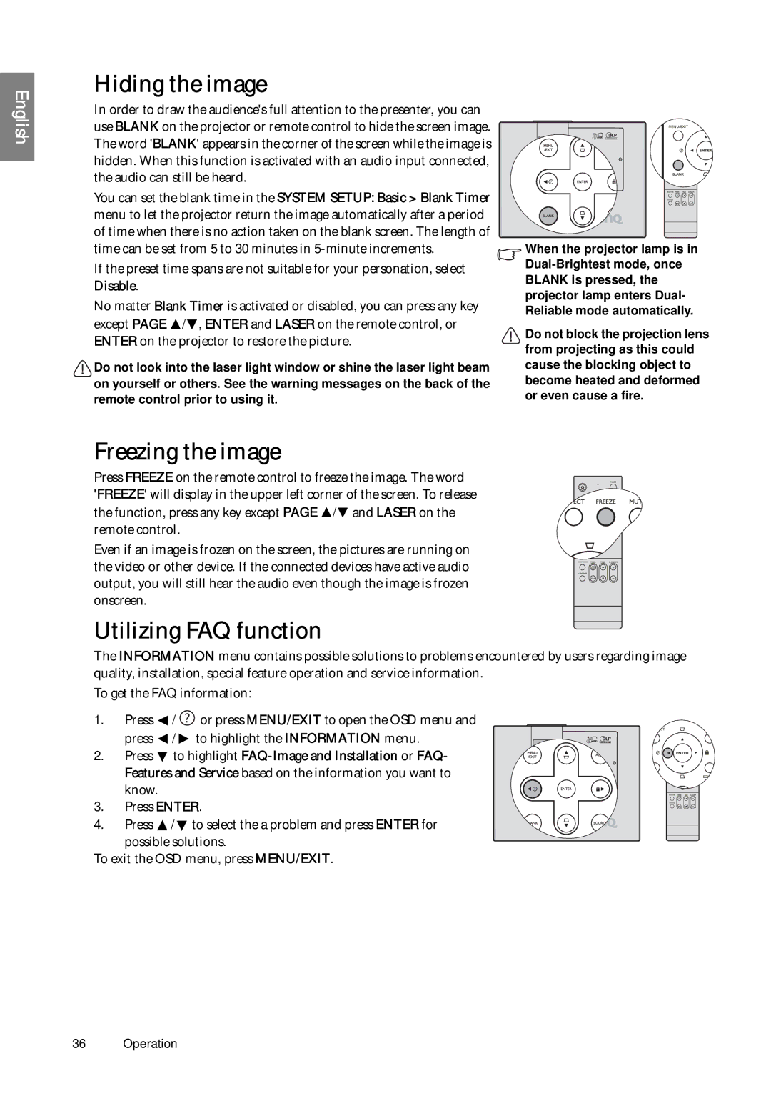 BenQ SP920P user manual Hiding the image, Freezing the image, Utilizing FAQ function, Know Press Enter 