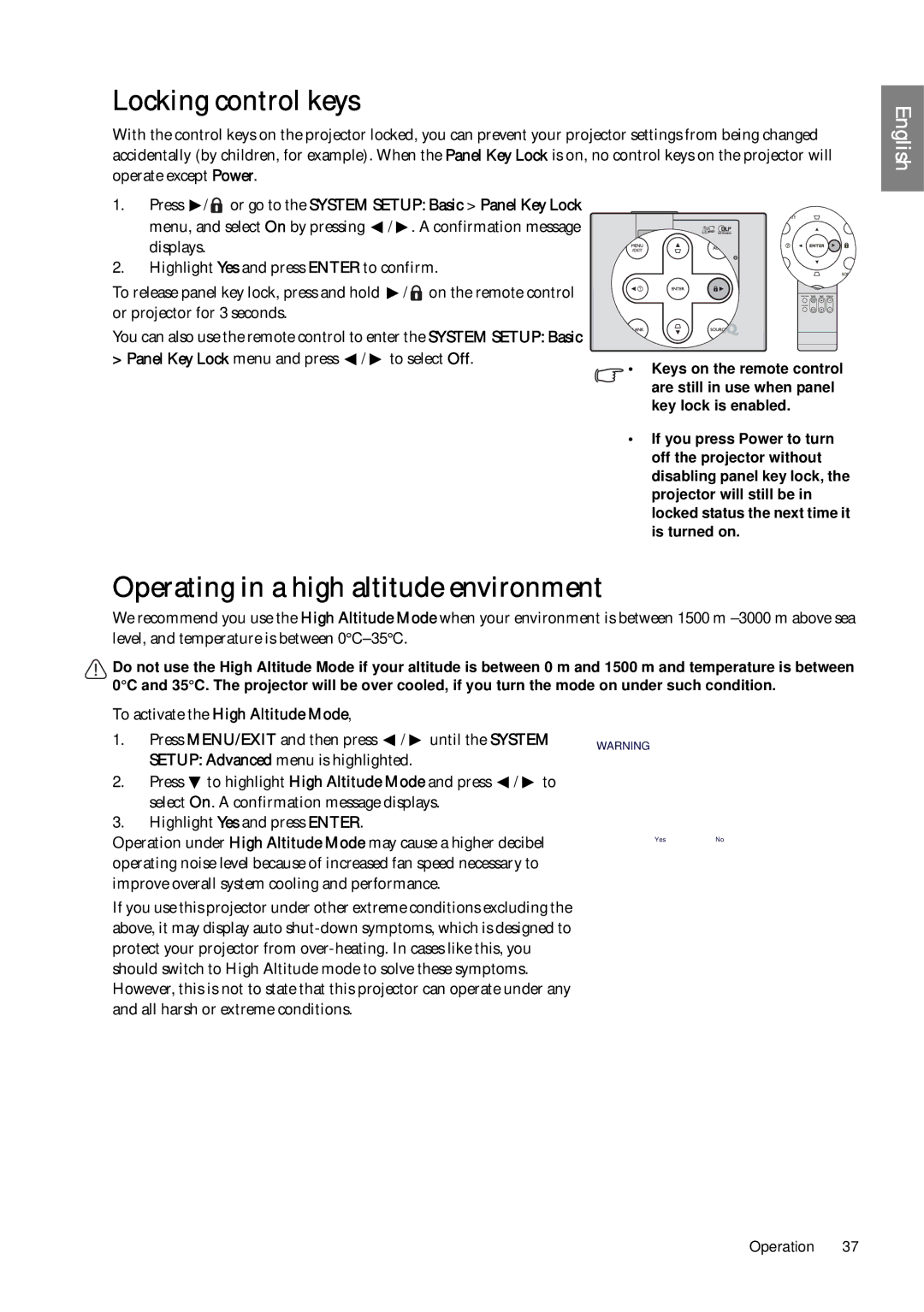 BenQ SP920P user manual Locking control keys, Operating in a high altitude environment, Panel Key Lock menu and press 