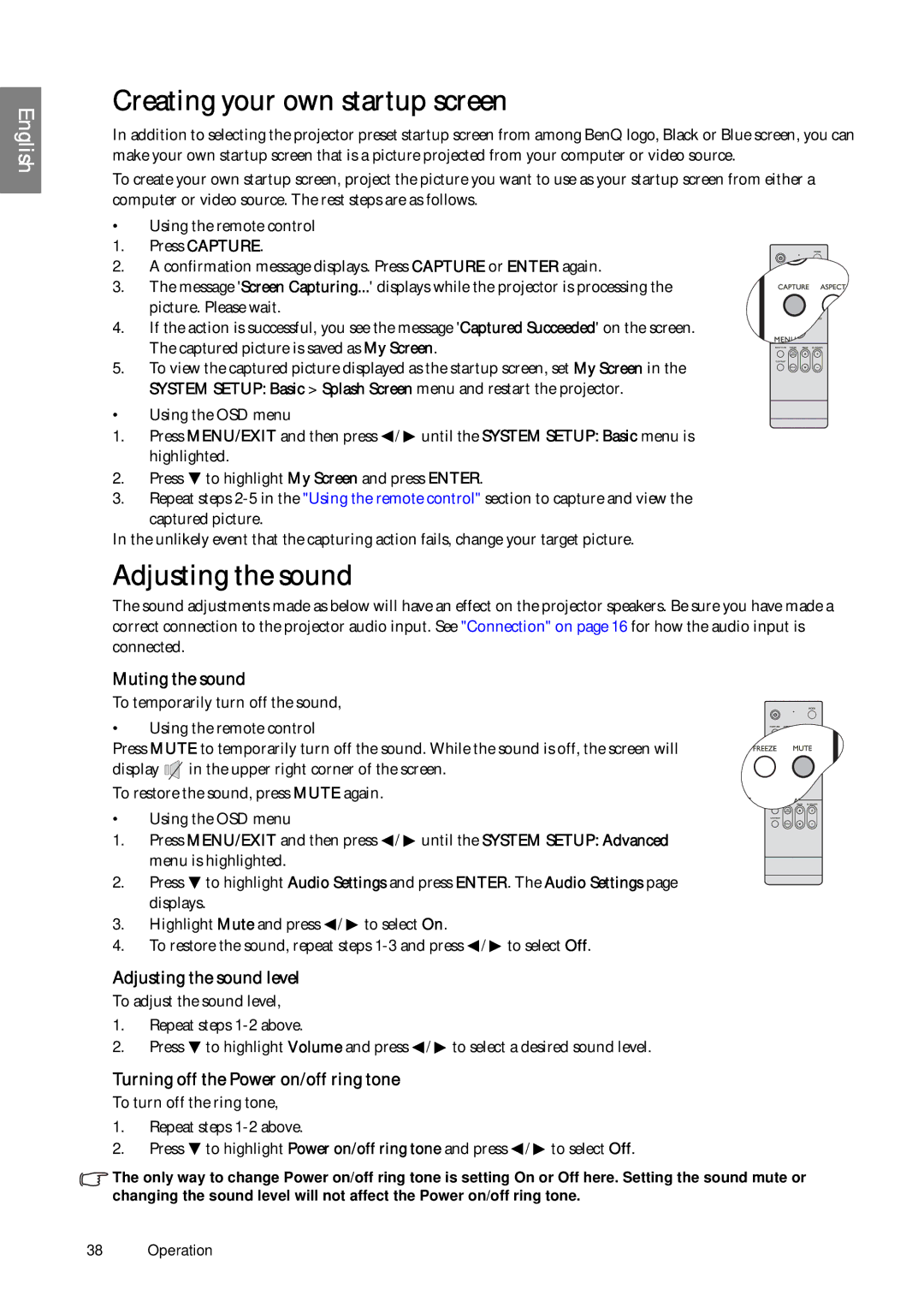 BenQ SP920P user manual Creating your own startup screen, Muting the sound, Adjusting the sound level 