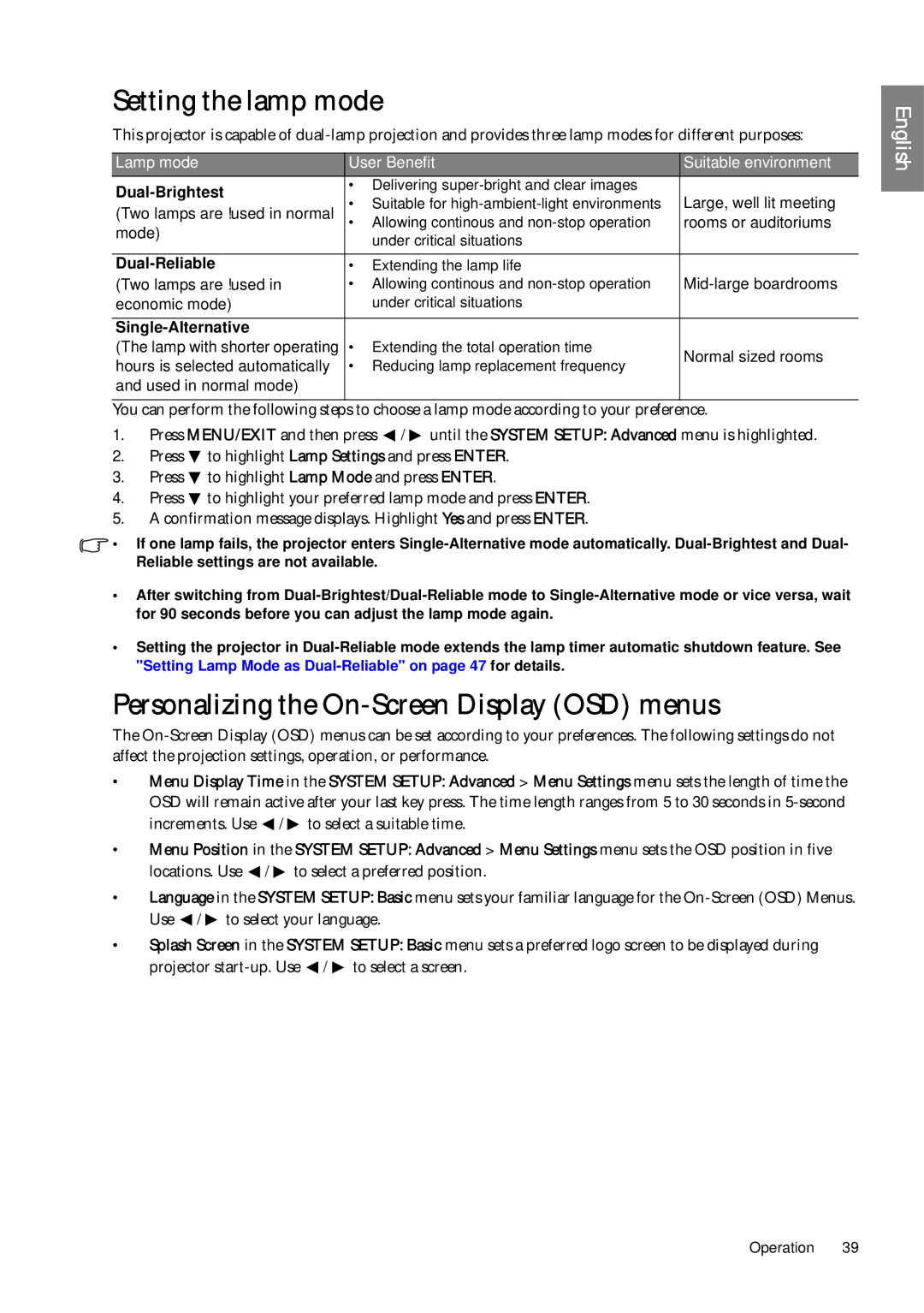 BenQ SP920P user manual Setting the lamp mode, Personalizing the On-Screen Display OSD menus 