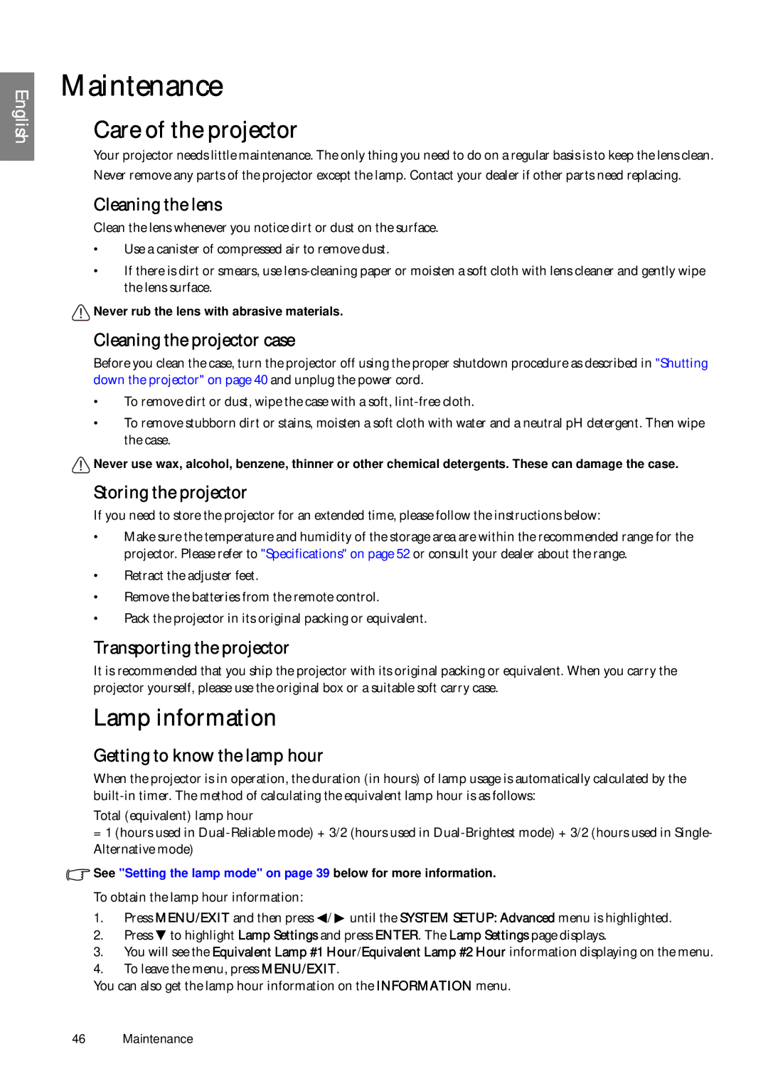 BenQ SP920P user manual Maintenance, Care of the projector, Lamp information 