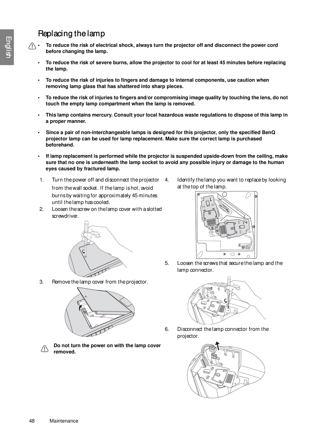 BenQ SP920P user manual Replacing the lamp, Screwdriver Remove the lamp cover from the projector 