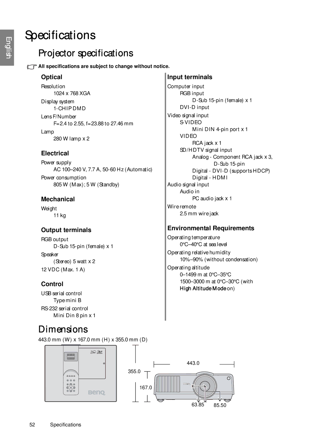 BenQ SP920P user manual Specifications, Projector specifications, Dimensions 