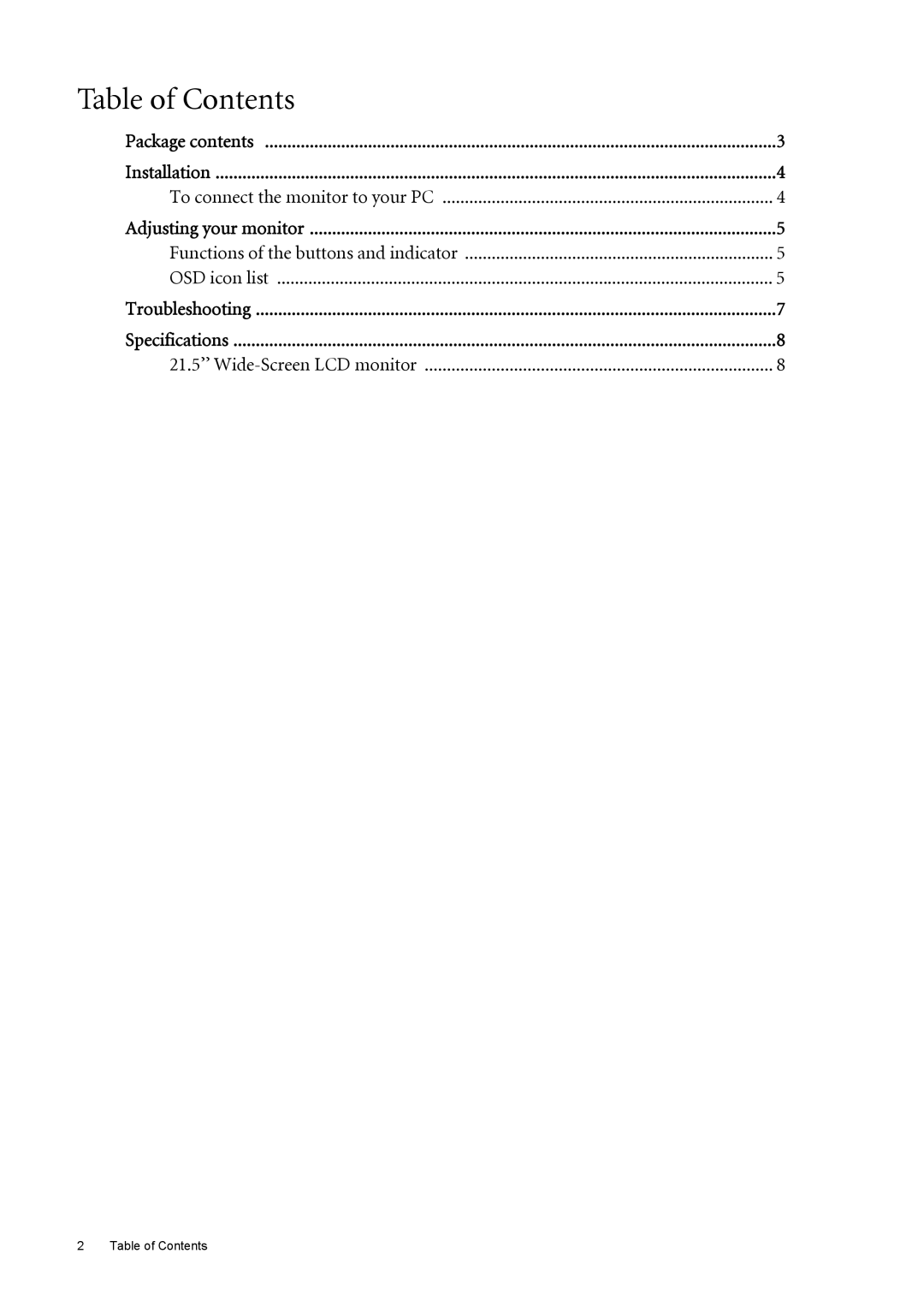 BenQ T2210HDA user manual Table of Contents 