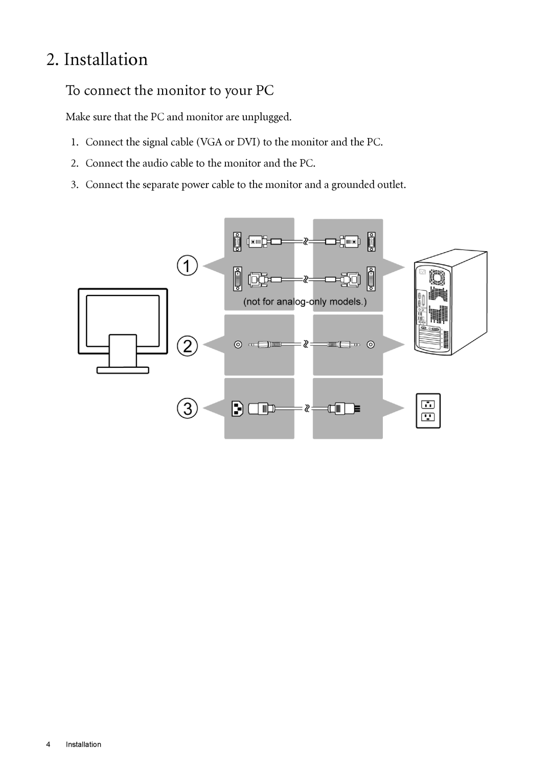 BenQ T2210HDA user manual Installation, To connect the monitor to your PC 