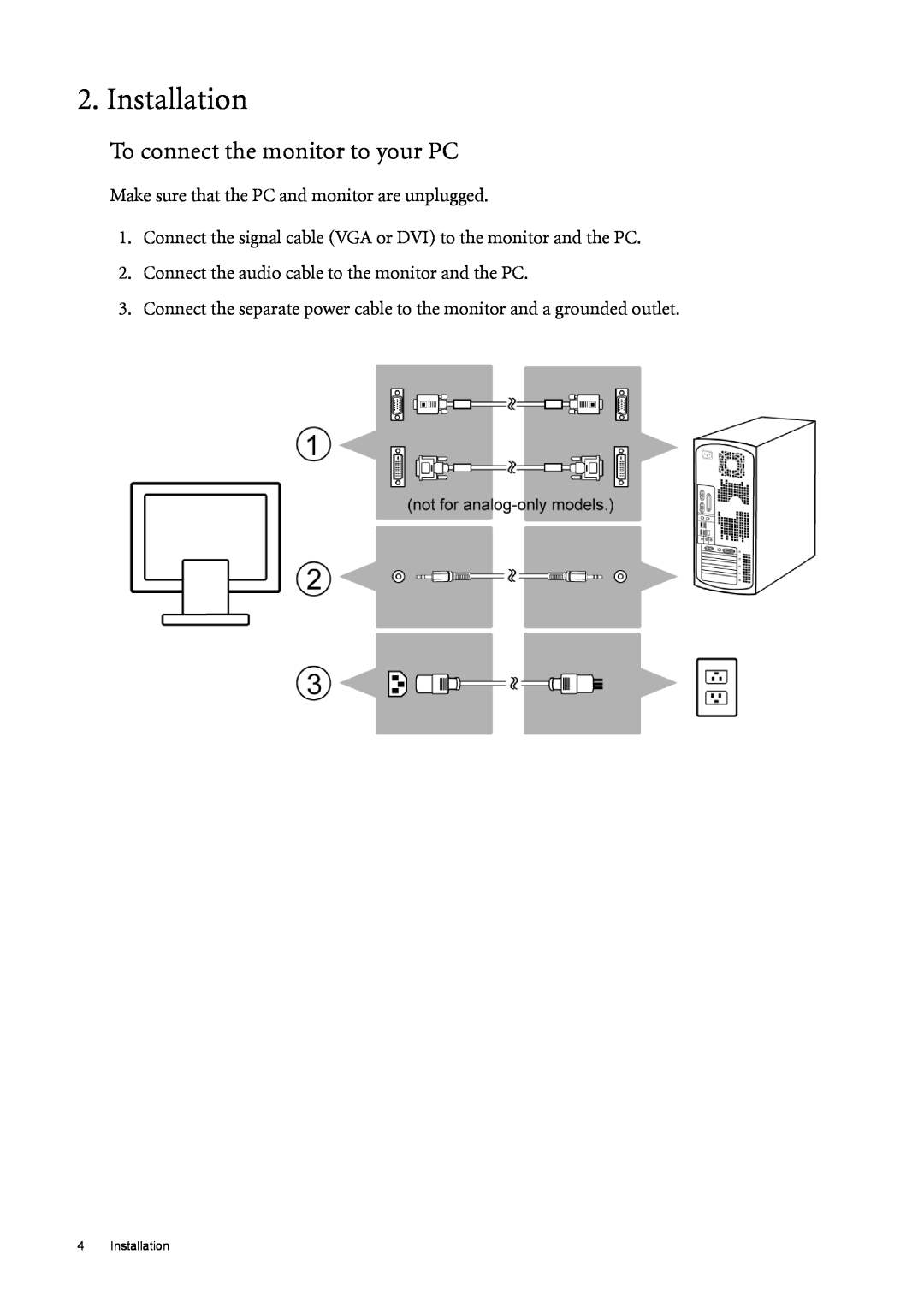 BenQ T2210HDA user manual Installation, To connect the monitor to your PC 