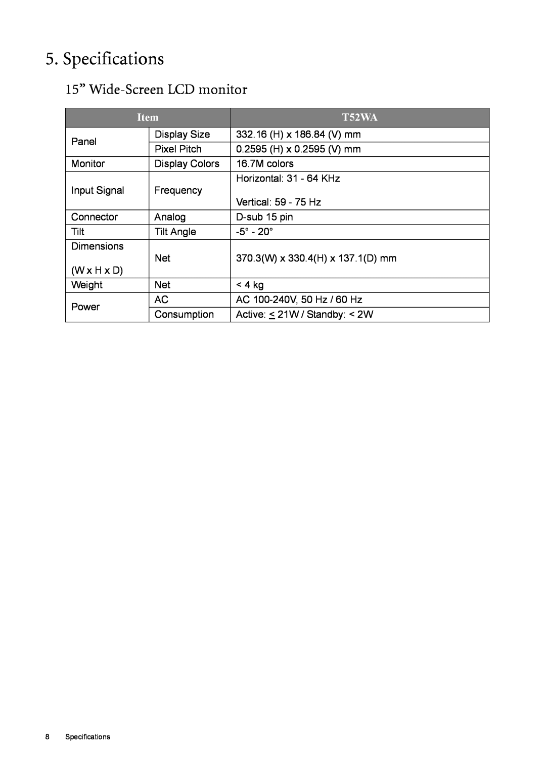 BenQ T52WA user manual Specifications, 15’’ Wide-Screen LCD monitor 