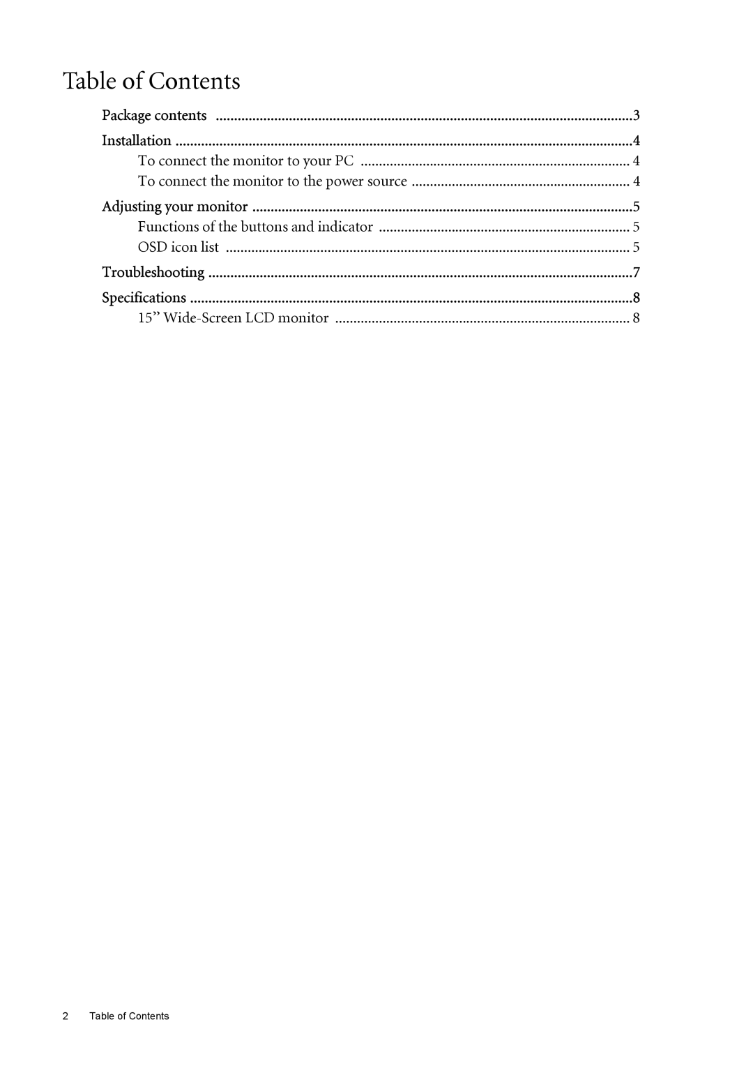 BenQ T52WA user manual Table of Contents 