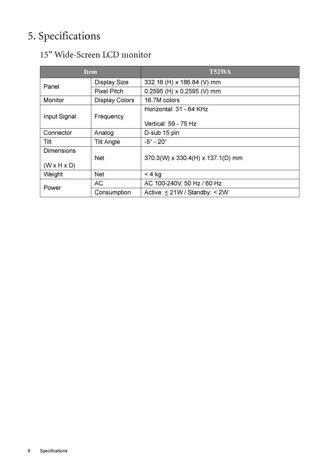 BenQ T52WA user manual Specifications, 15’’ Wide-Screen LCD monitor 