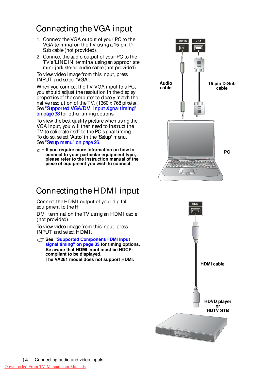 BenQ VA261 quick start Connecting the VGA input, Connecting the Hdmi input, See Setup menu on 