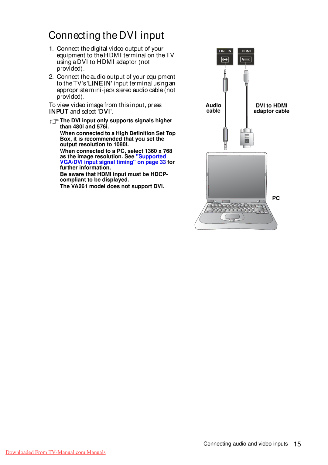 BenQ VA261 quick start Connecting the DVI input 