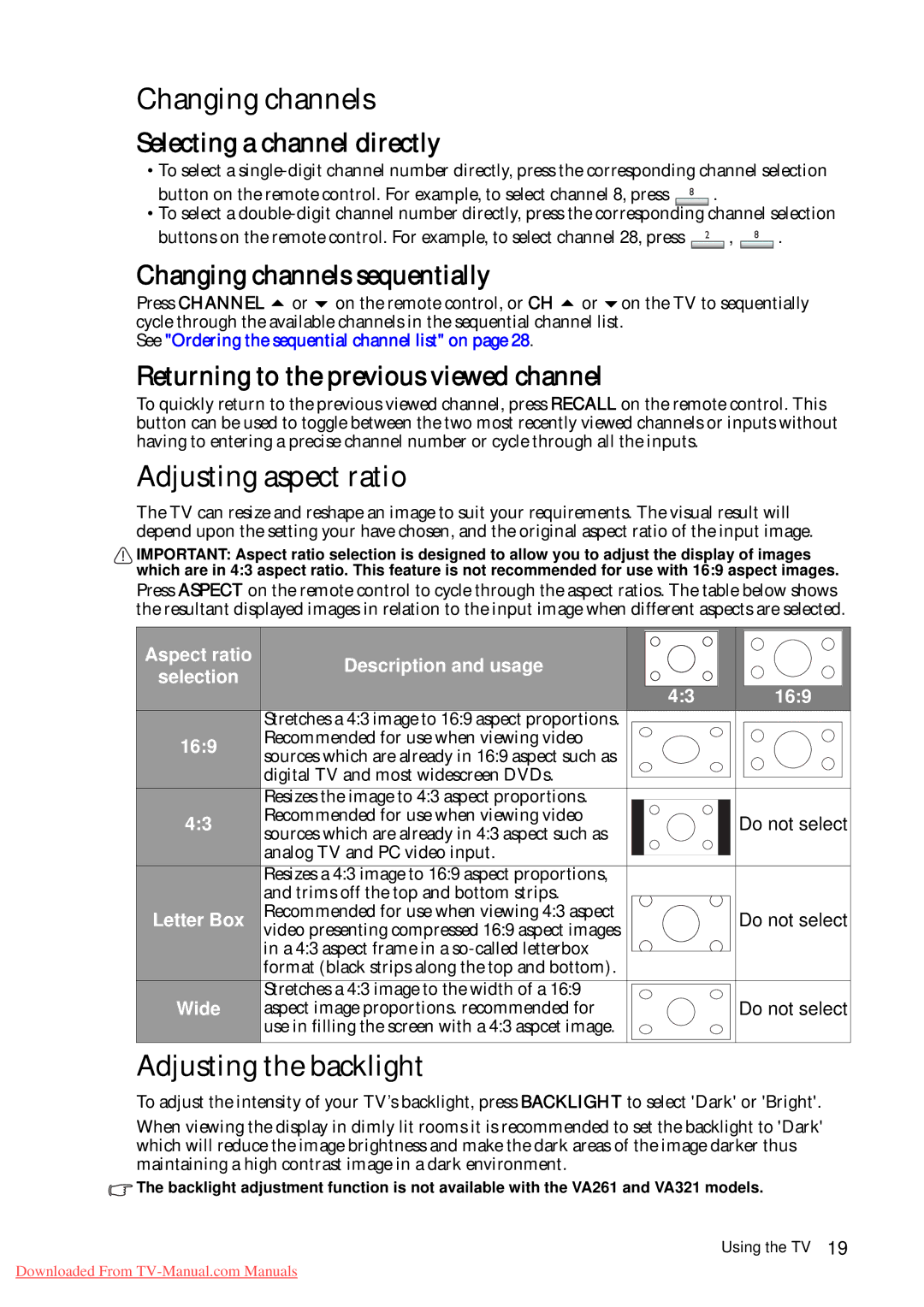 BenQ VA261 quick start Changing channels, Adjusting aspect ratio, Adjusting the backlight 