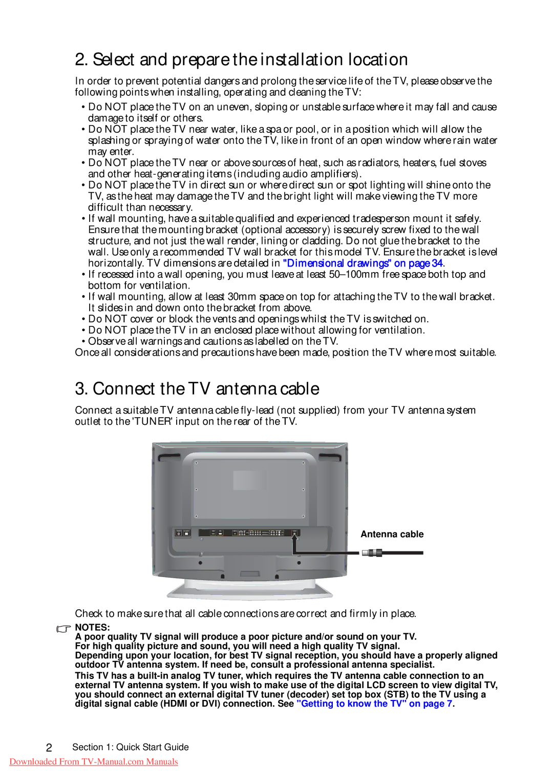 BenQ VA261 quick start Select and prepare the installation location, Connect the TV antenna cable 