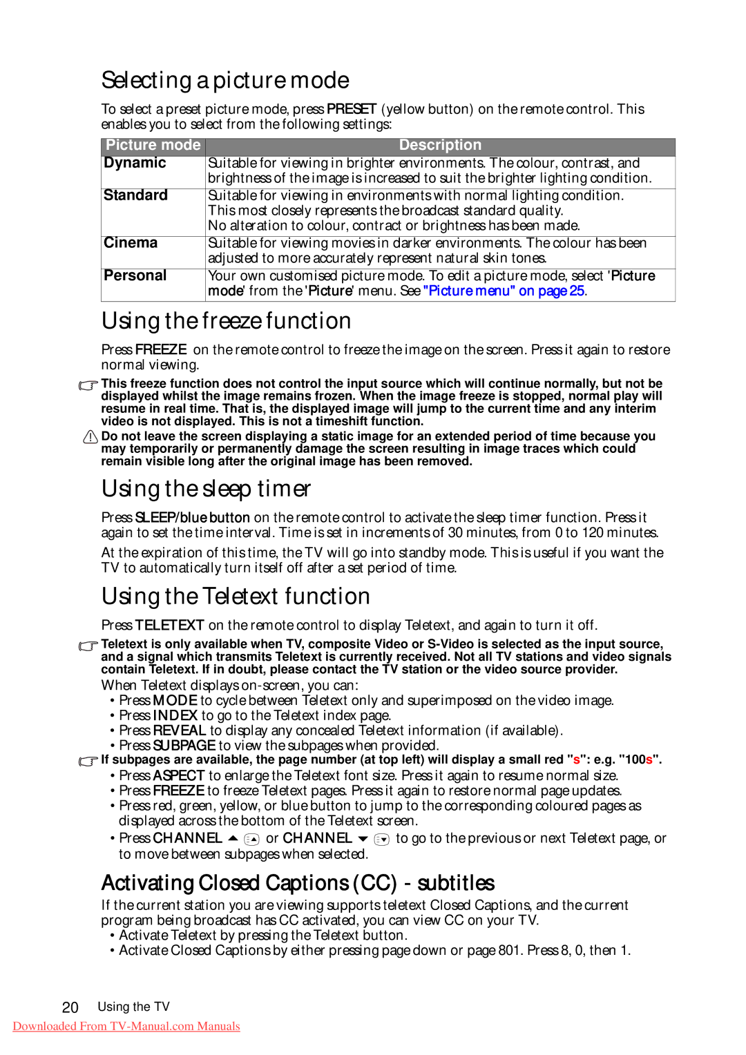 BenQ VA261 Selecting a picture mode, Using the freeze function, Using the sleep timer, Using the Teletext function 