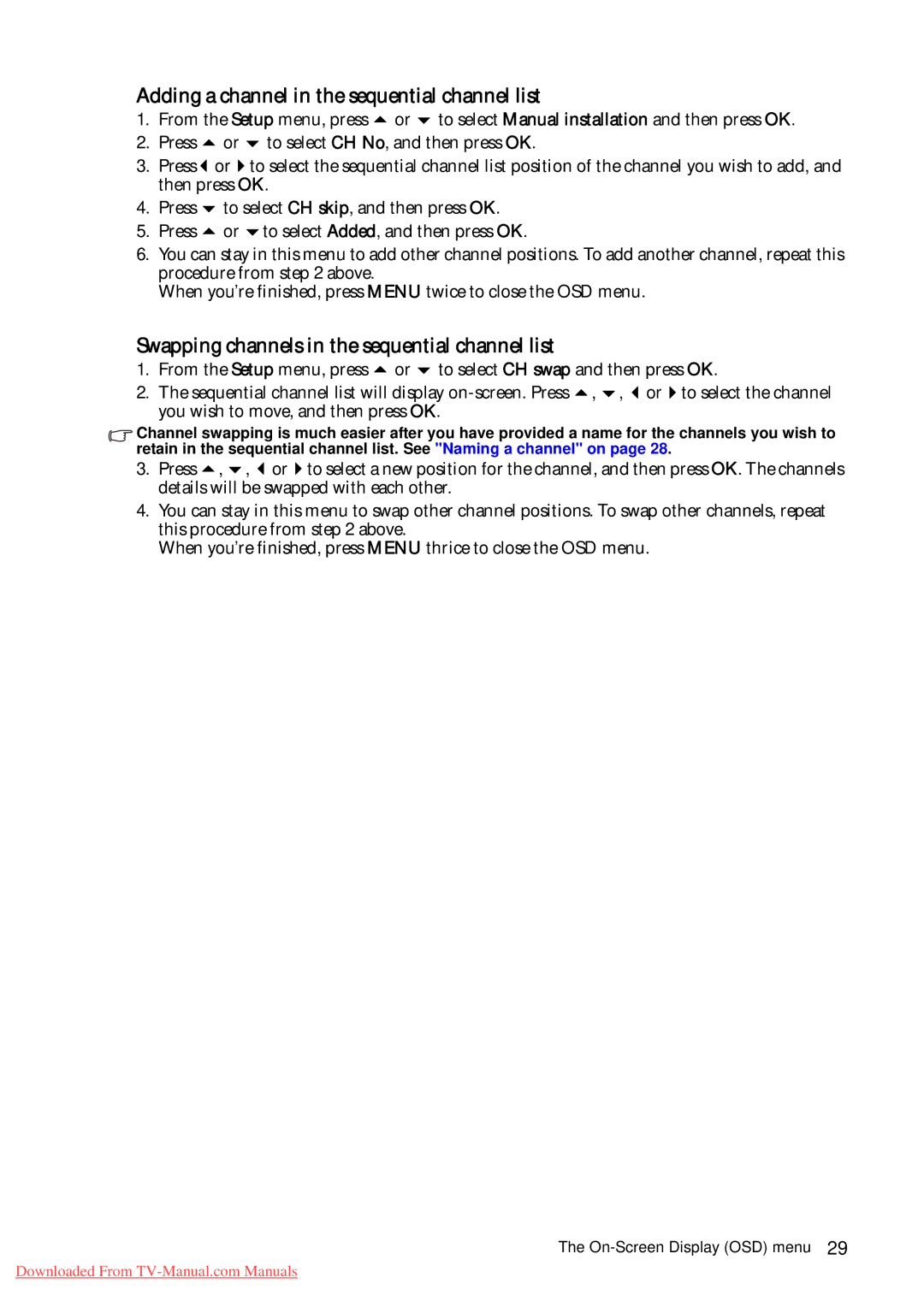 BenQ VA261 quick start Adding a channel in the sequential channel list, Swapping channels in the sequential channel list 
