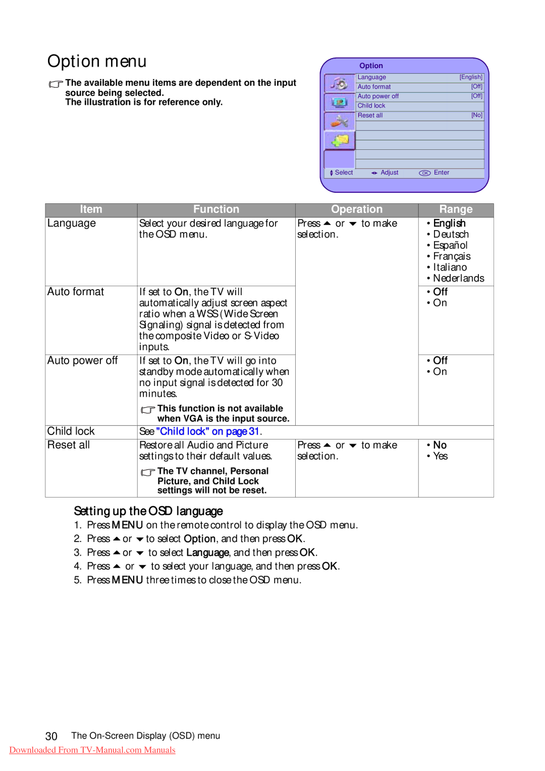 BenQ VA261 quick start Setting up the OSD language, English, See Child lock on 