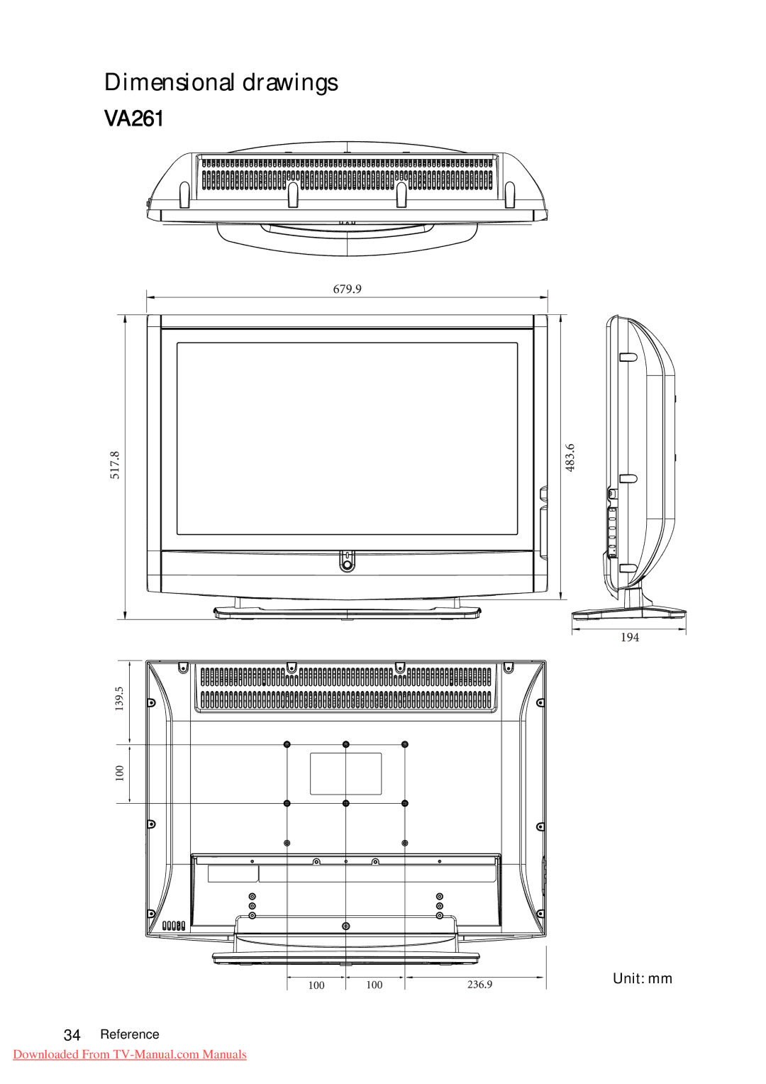 BenQ VA261 quick start Dimensional drawings, Unit mm 