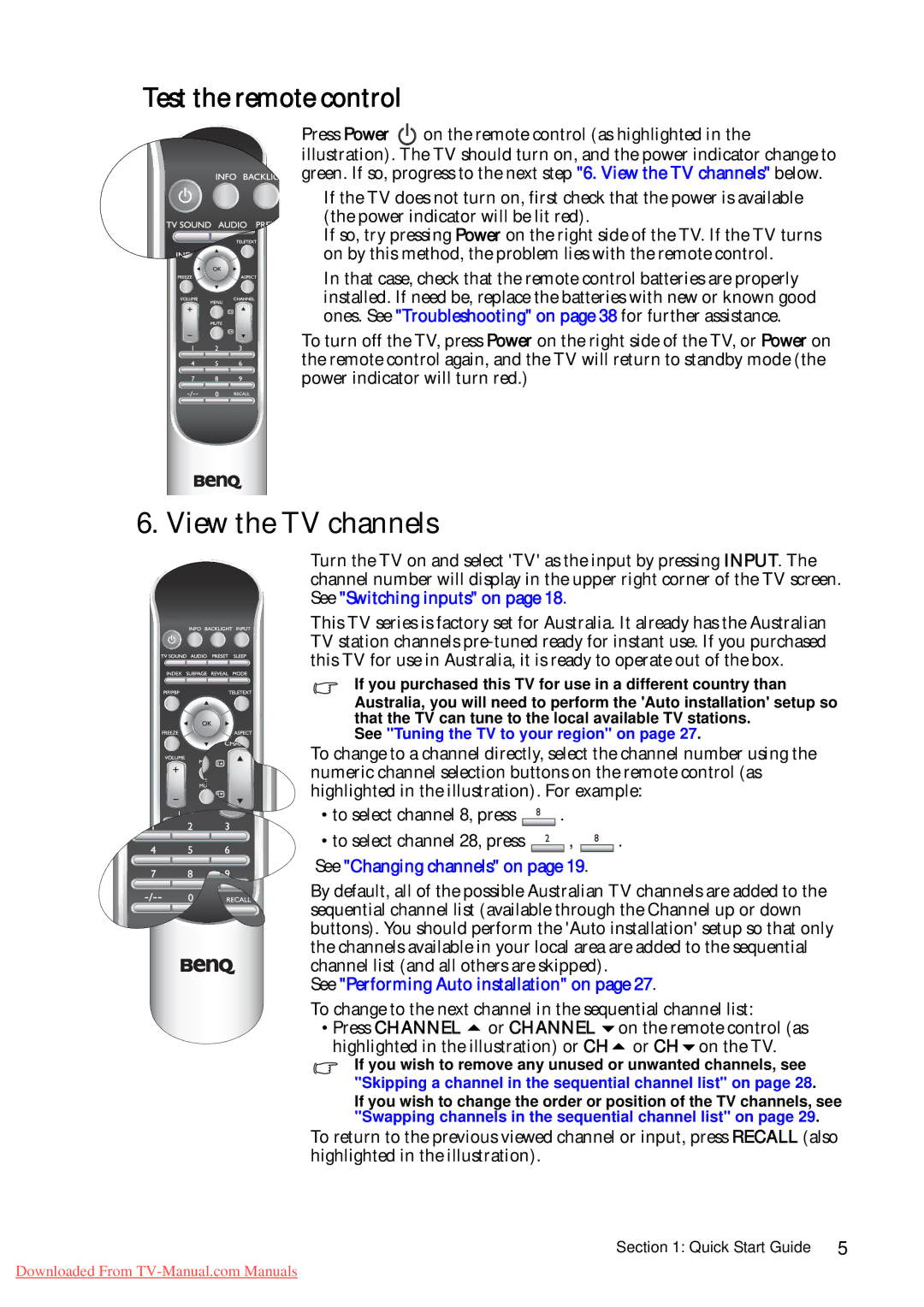 BenQ VA261 View the TV channels, Test the remote control, See Performing Auto installation on, Press Channel or Channel 