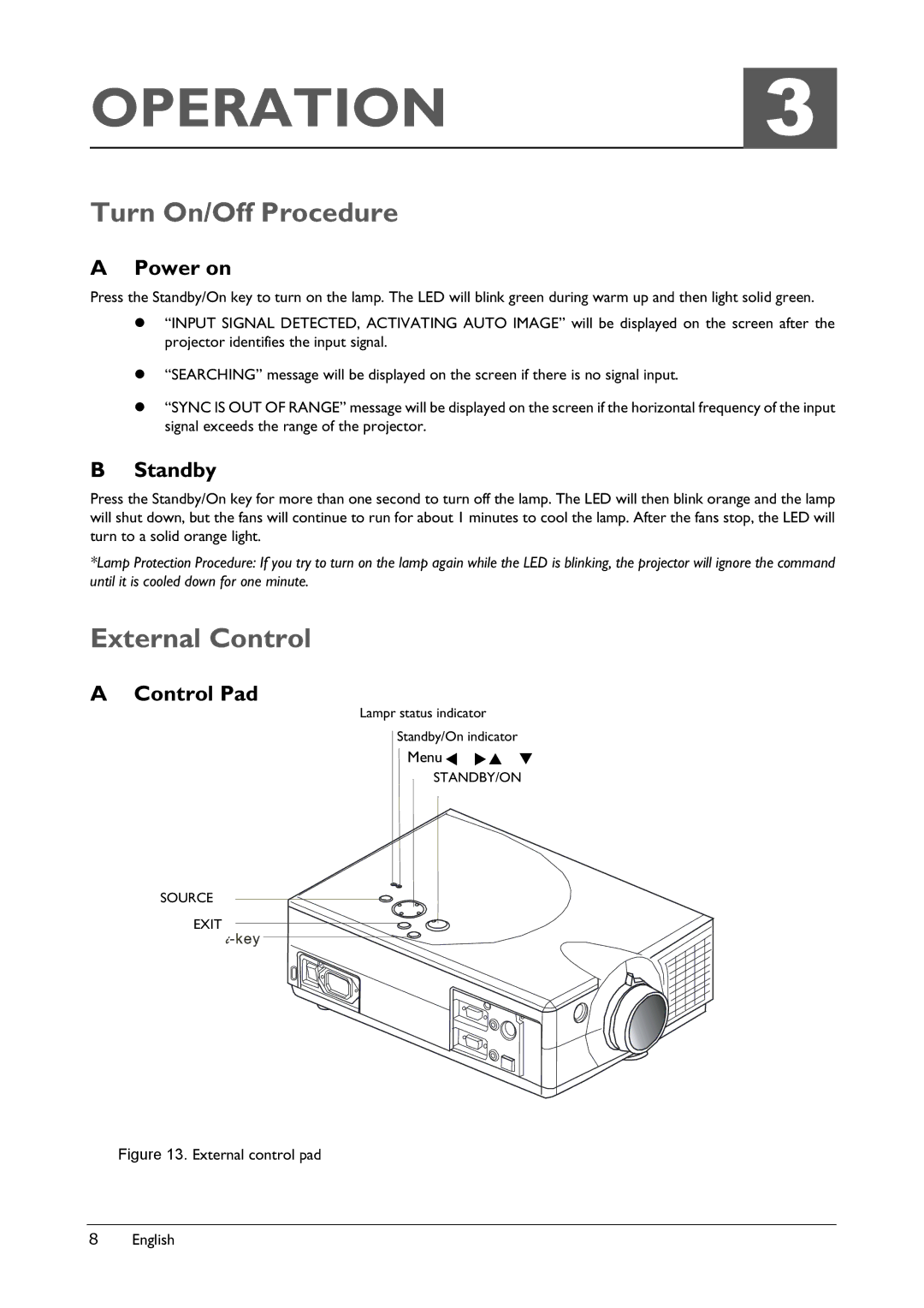 BenQ VP150X manual Operation, Turn On/Off Procedure, External Control 