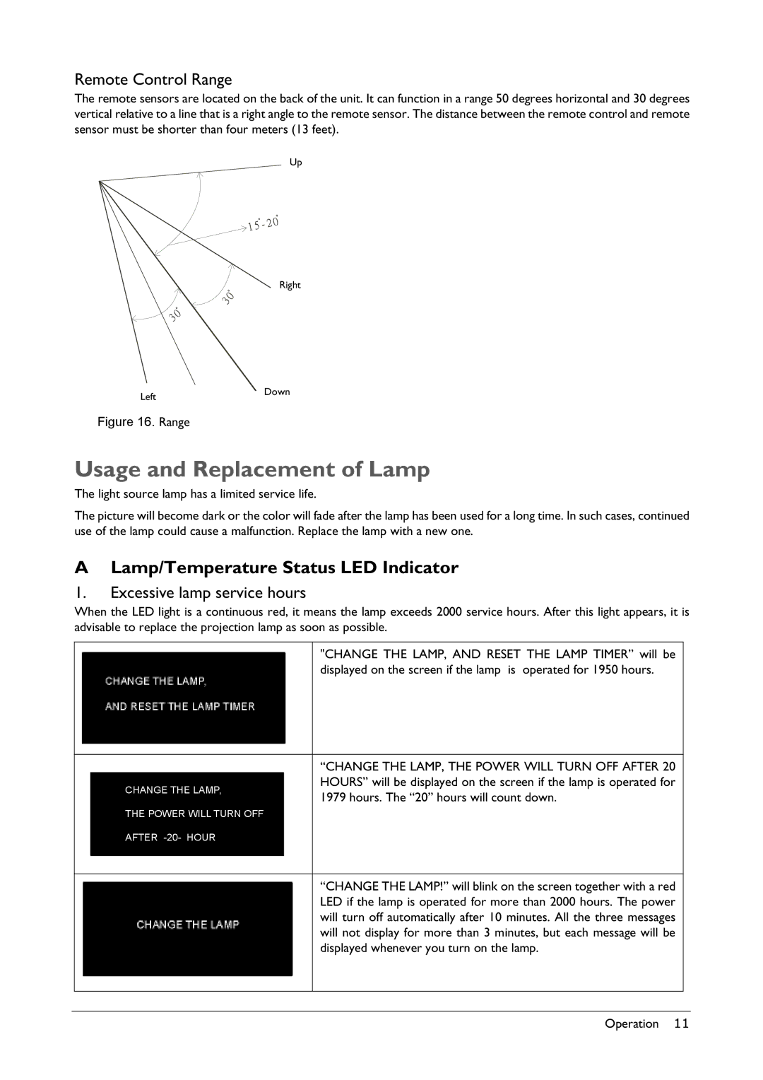 BenQ VP150X manual Usage and Replacement of Lamp, Lamp/Temperature Status LED Indicator, Remote Control Range 