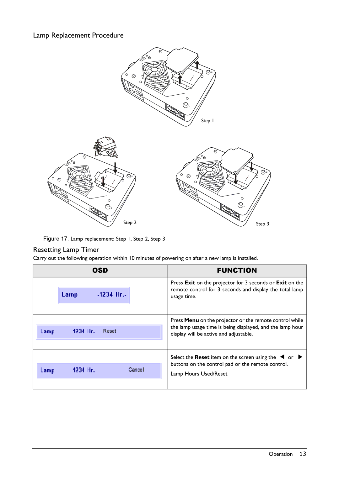 BenQ VP150X manual Lamp Replacement Procedure, Resetting Lamp Timer 