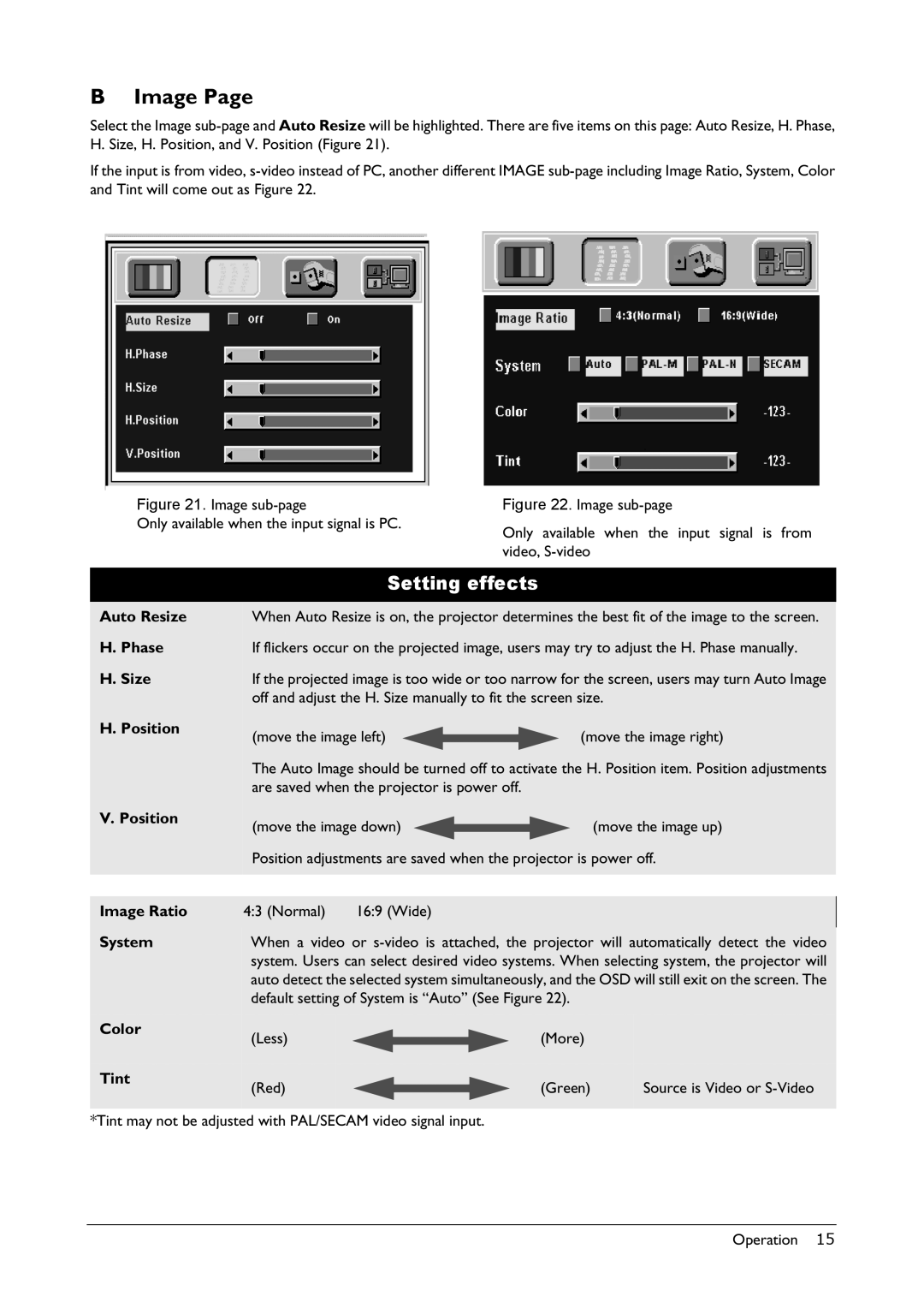 BenQ VP150X manual Image, Auto Resize Phase Size Position 