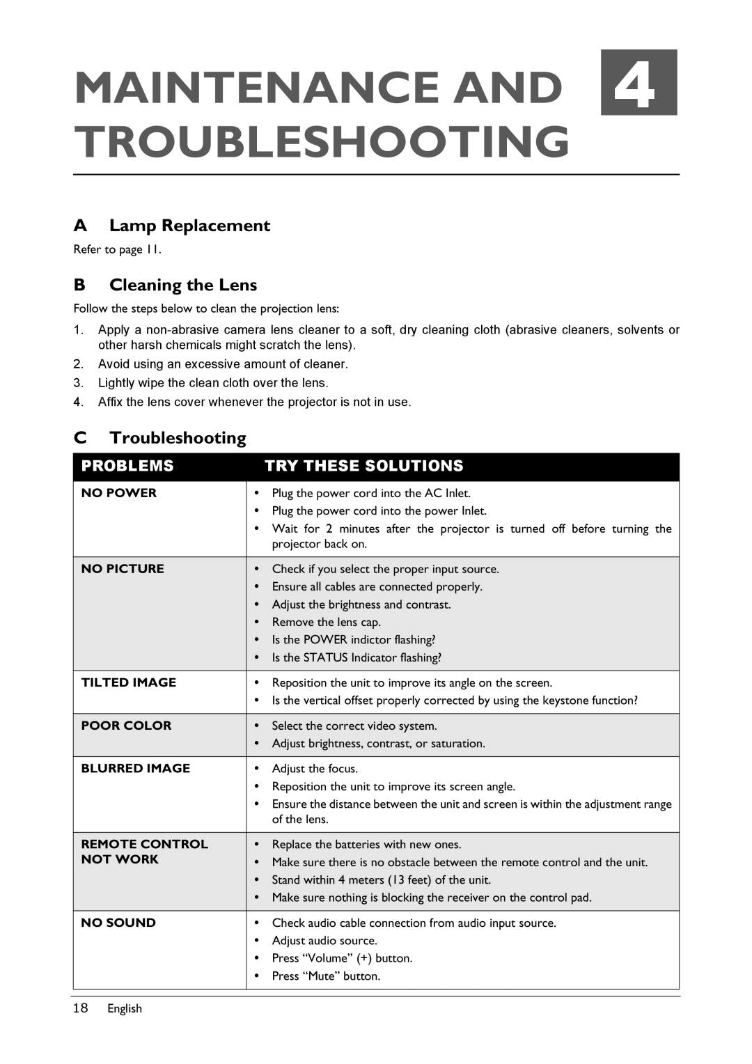 BenQ VP150X manual Maintenance Troubleshooting, Cleaning the Lens 