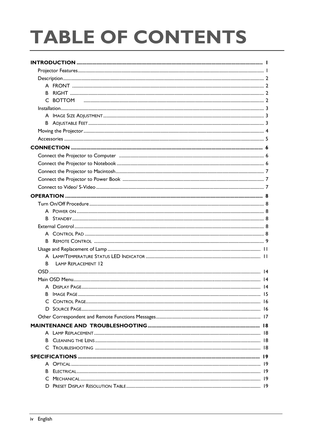 BenQ VP150X manual Table of Contents 